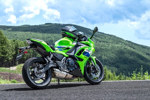 Three-quarter rear angle of a motorcycle parked. opens in a new window