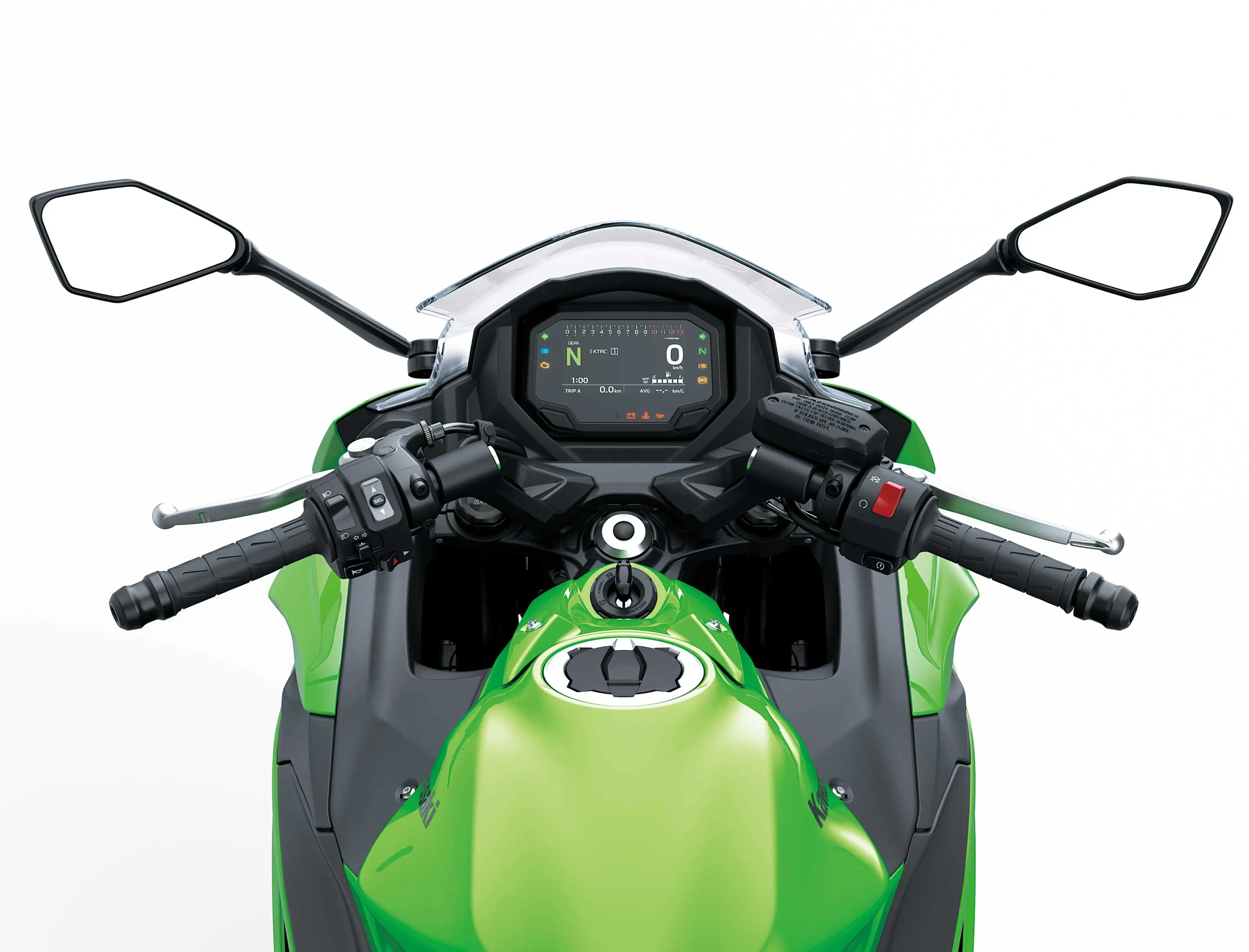 Rider POV of a motorcycle staged in a white studio background.