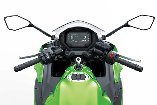 Rider POV of a motorcycle staged in a white studio background. opens in a new window