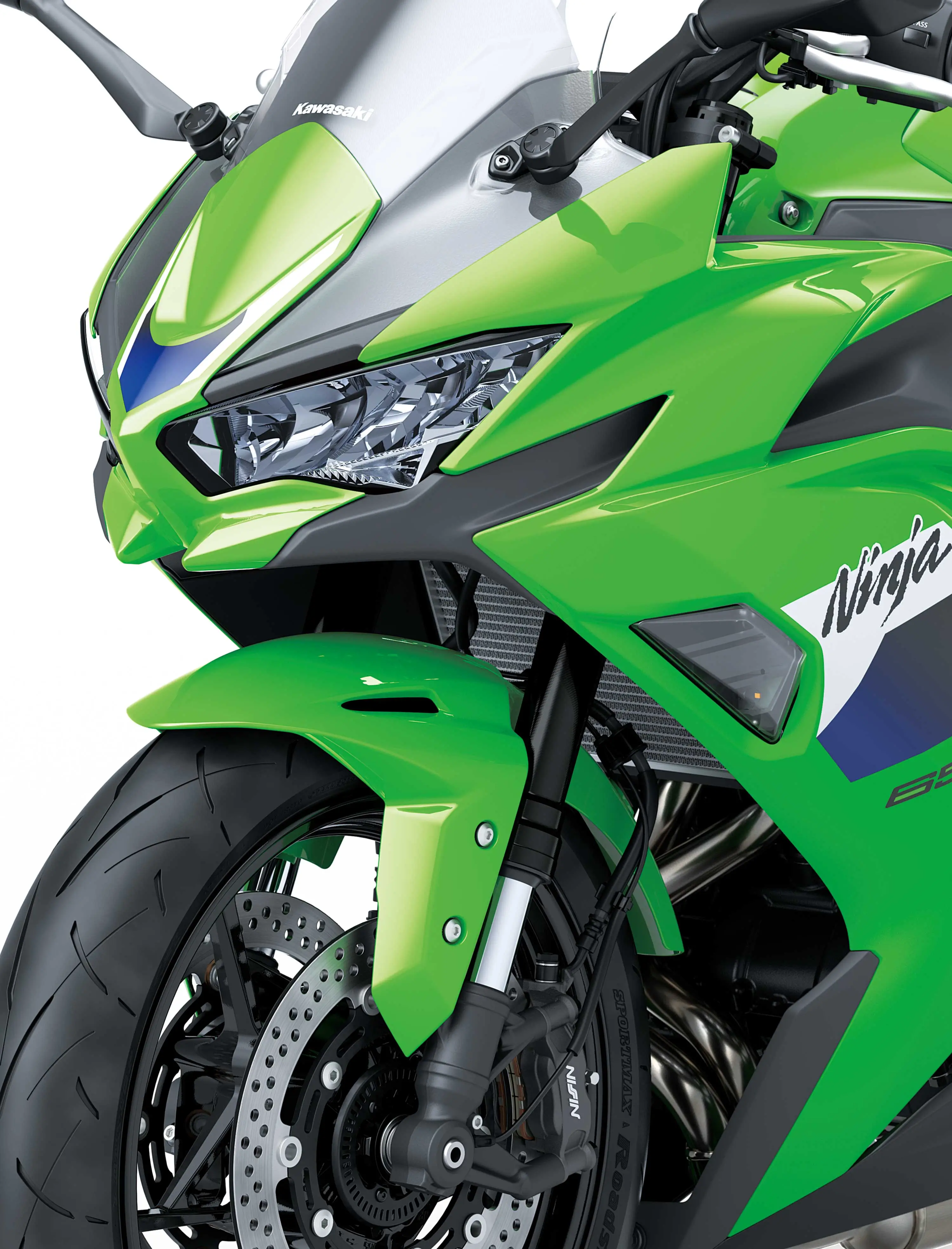 Front closeup of a motorcycle staged in a white studio background.