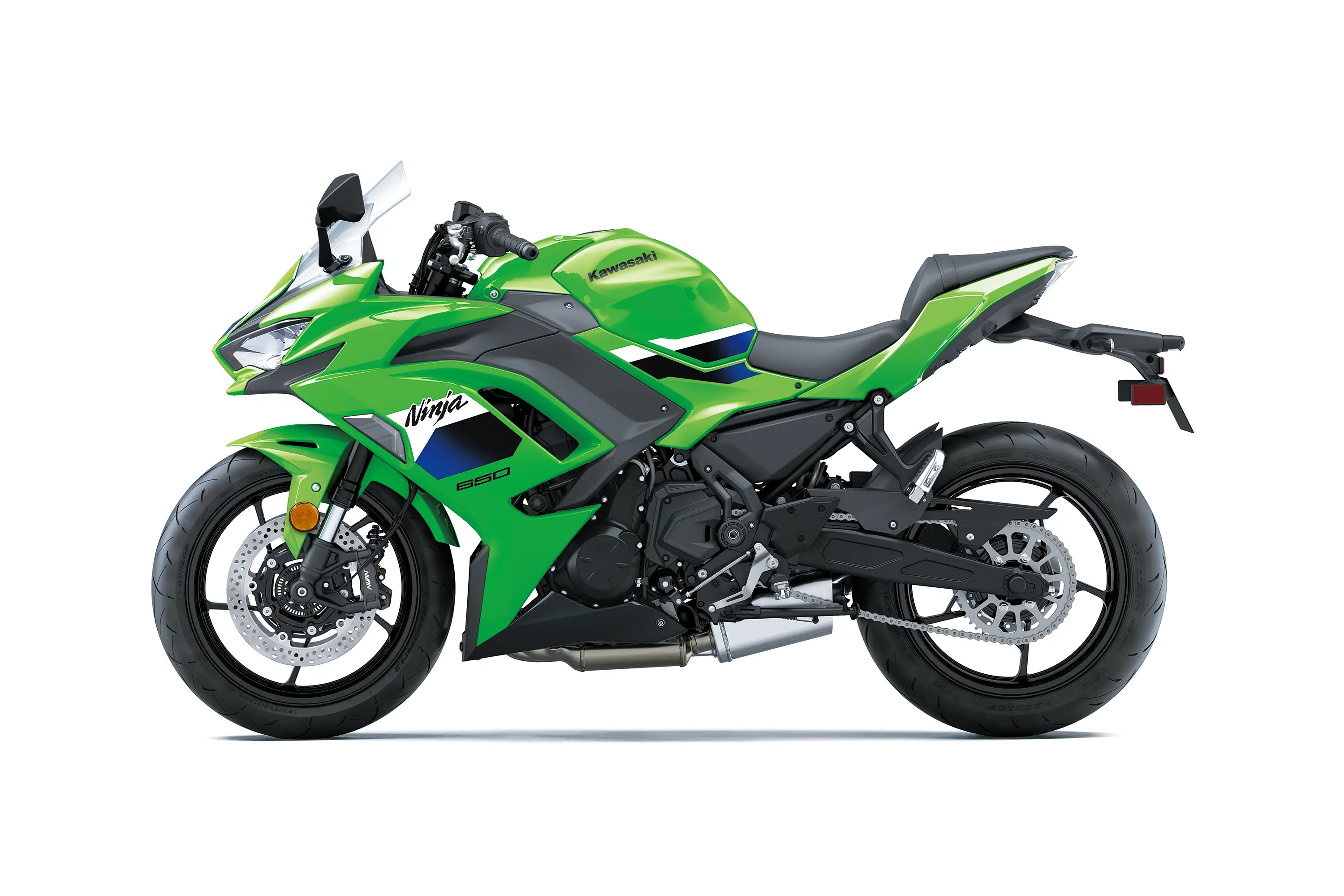 Profile angle of a motorcycle staged in a white studio background.