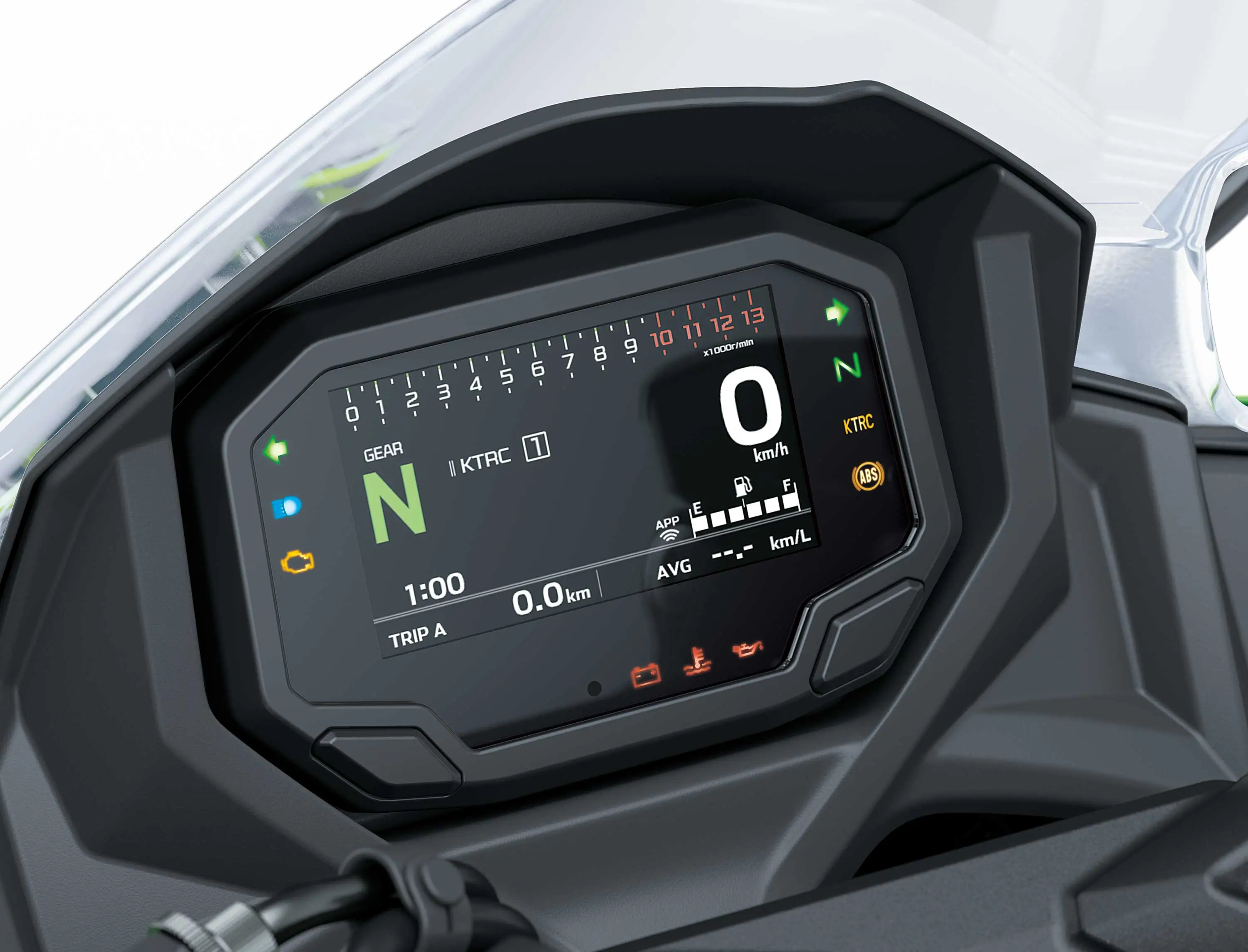TFT screen of a motorcycle staged in a white studio background.