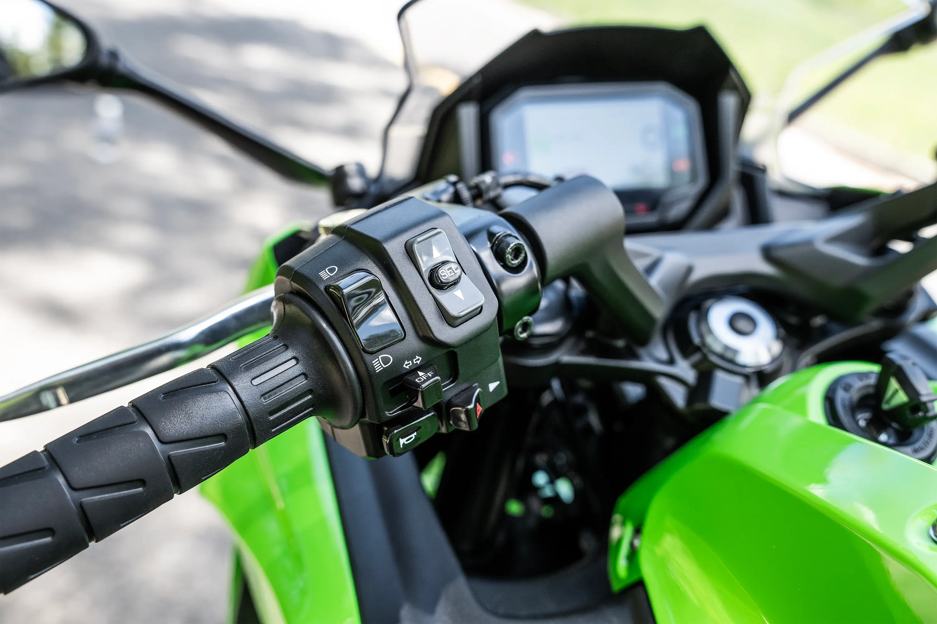Handlebar closeup on a motorcycle.