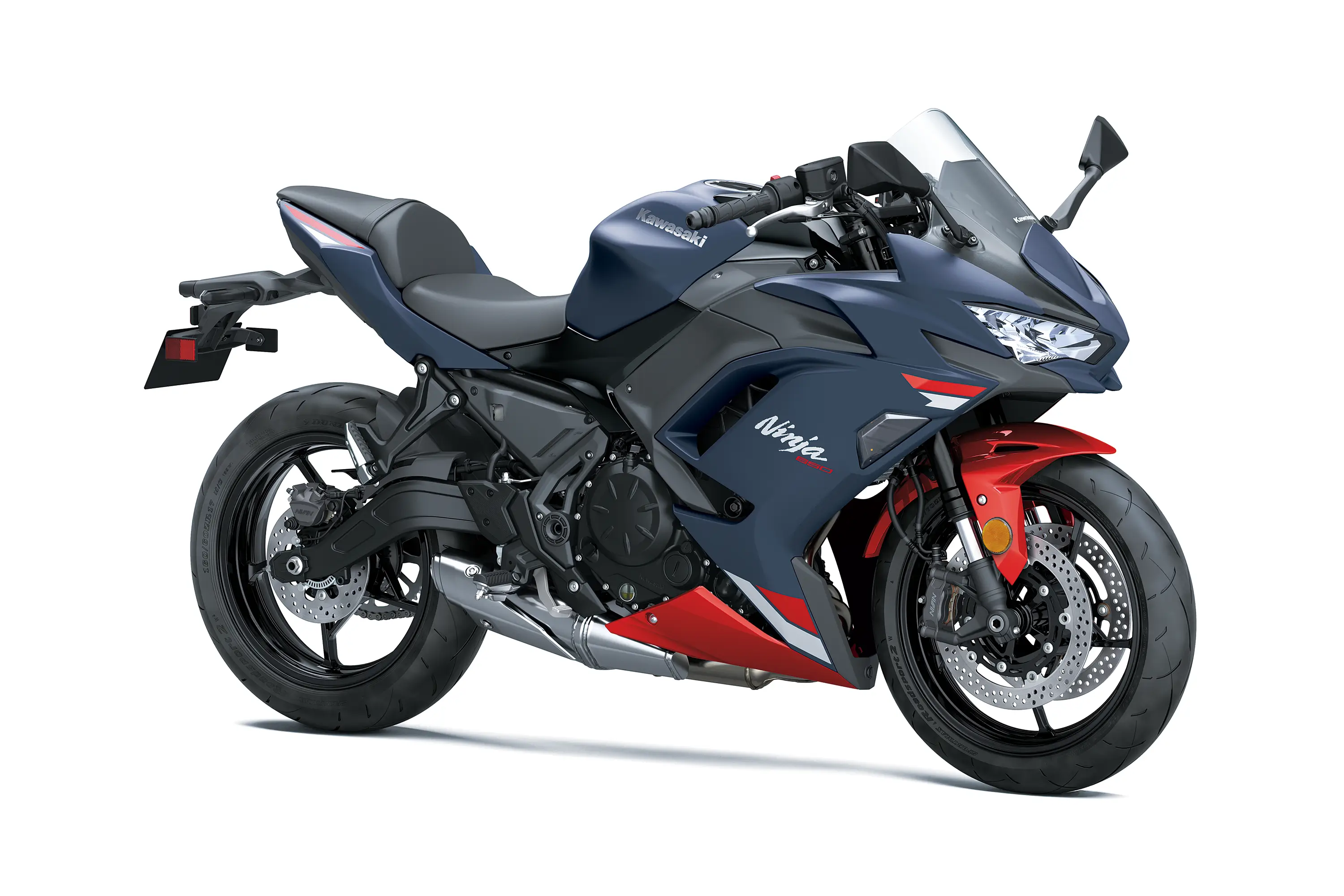 Three-quarter front angle of a blue motorcycle staged in a white studio background.