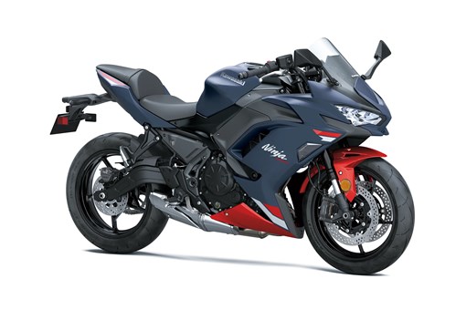 Three-quarter front angle of a blue motorcycle staged in a white studio background. opens in a new window