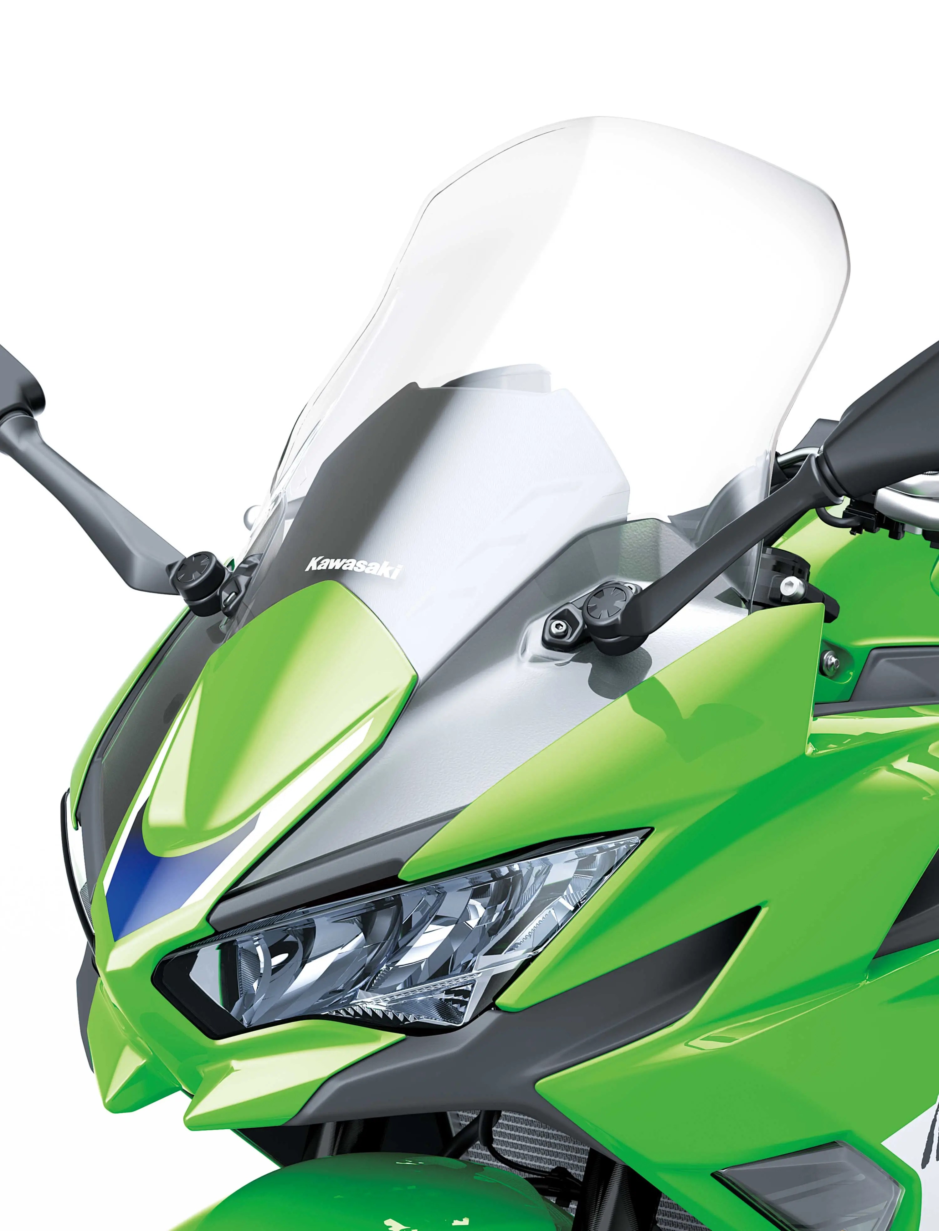 Nose closeup of a motorcycle staged in a white studio background.