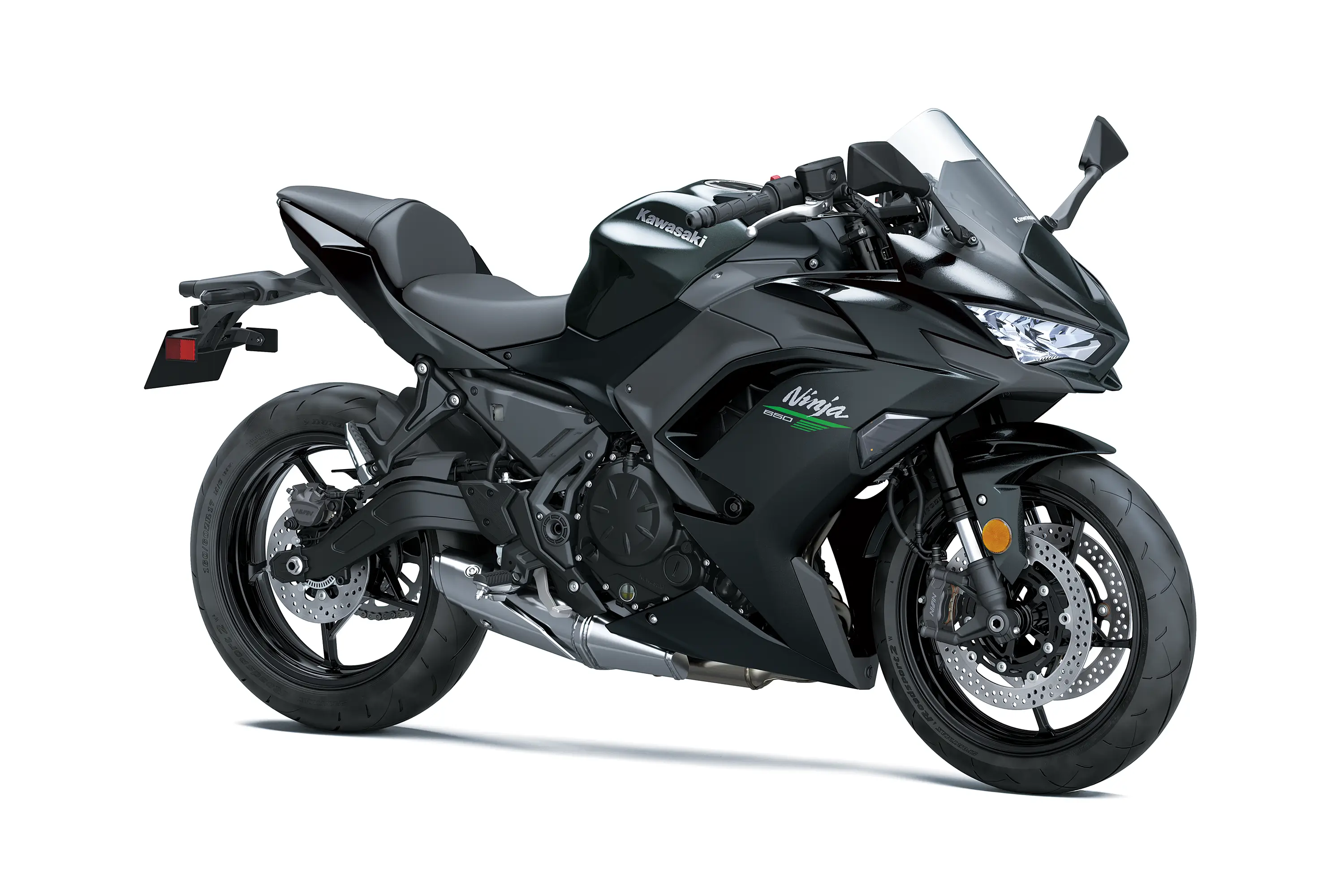 Three-quarter front angle of a grey motorcycle staged in a white studio background.