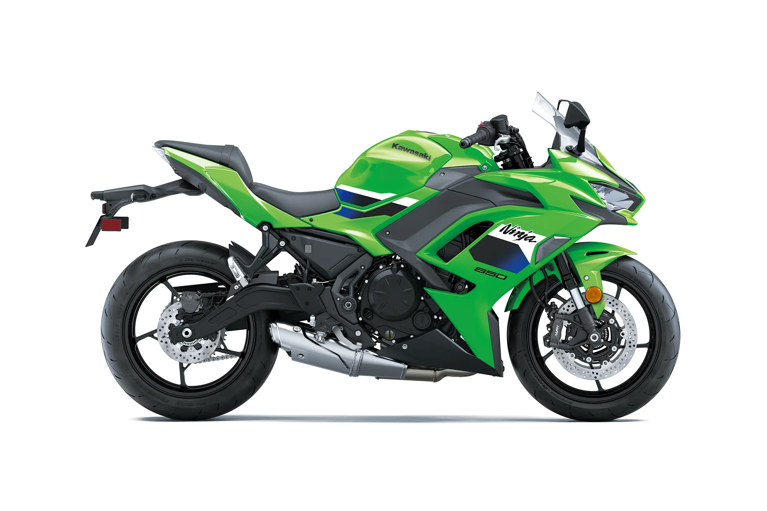 Side angle of a motorcycle staged in a white studio background.