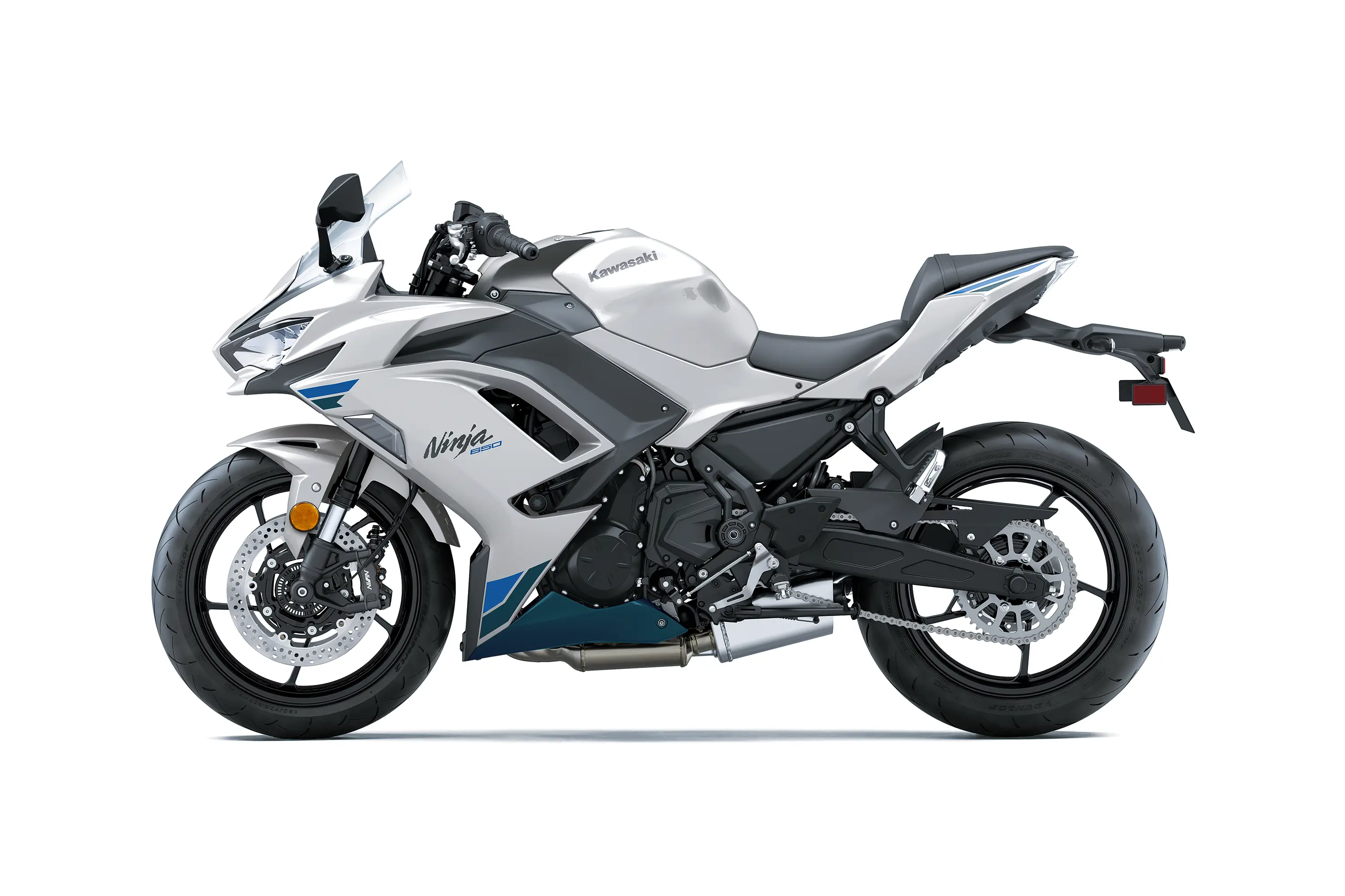 Side angle of a white motorcycle staged in a white studio background.