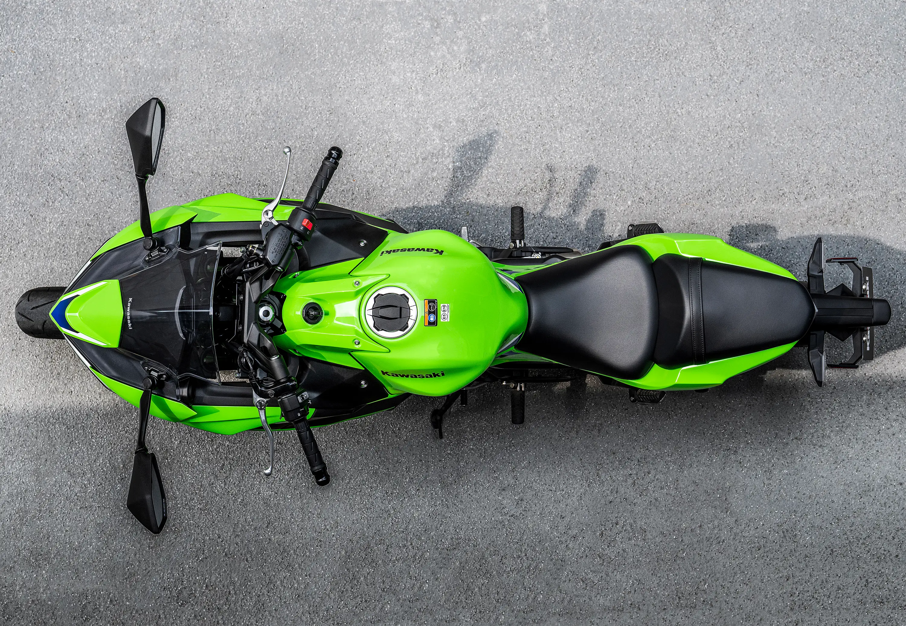 Overhead shot of a motorcycle.