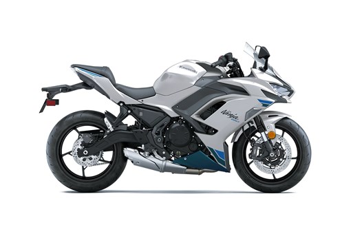 Profile angle of a white motorcycle staged in a white studio background. opens in a new window