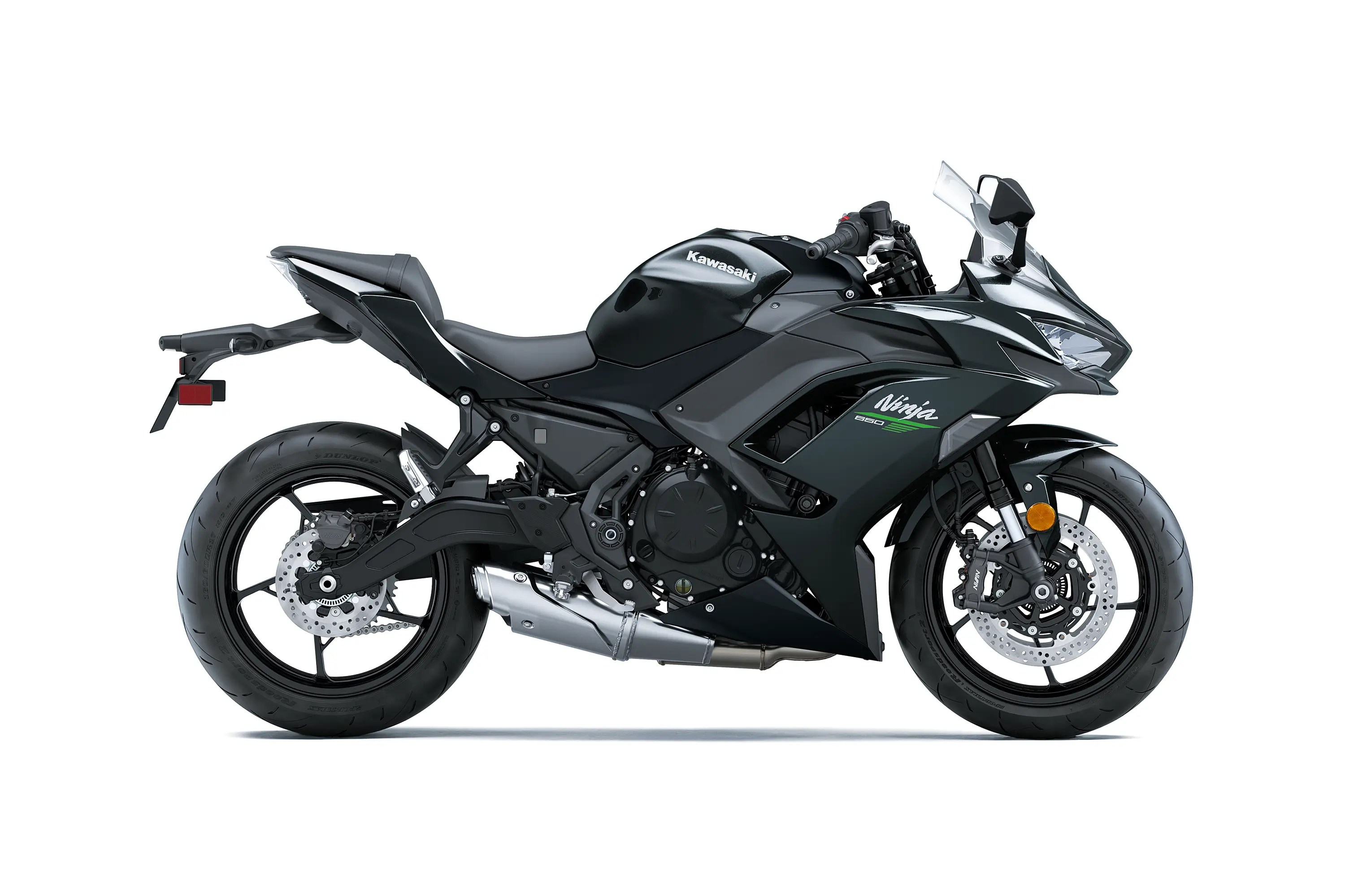 Profile angle of a grey motorcycle staged in a white studio background.