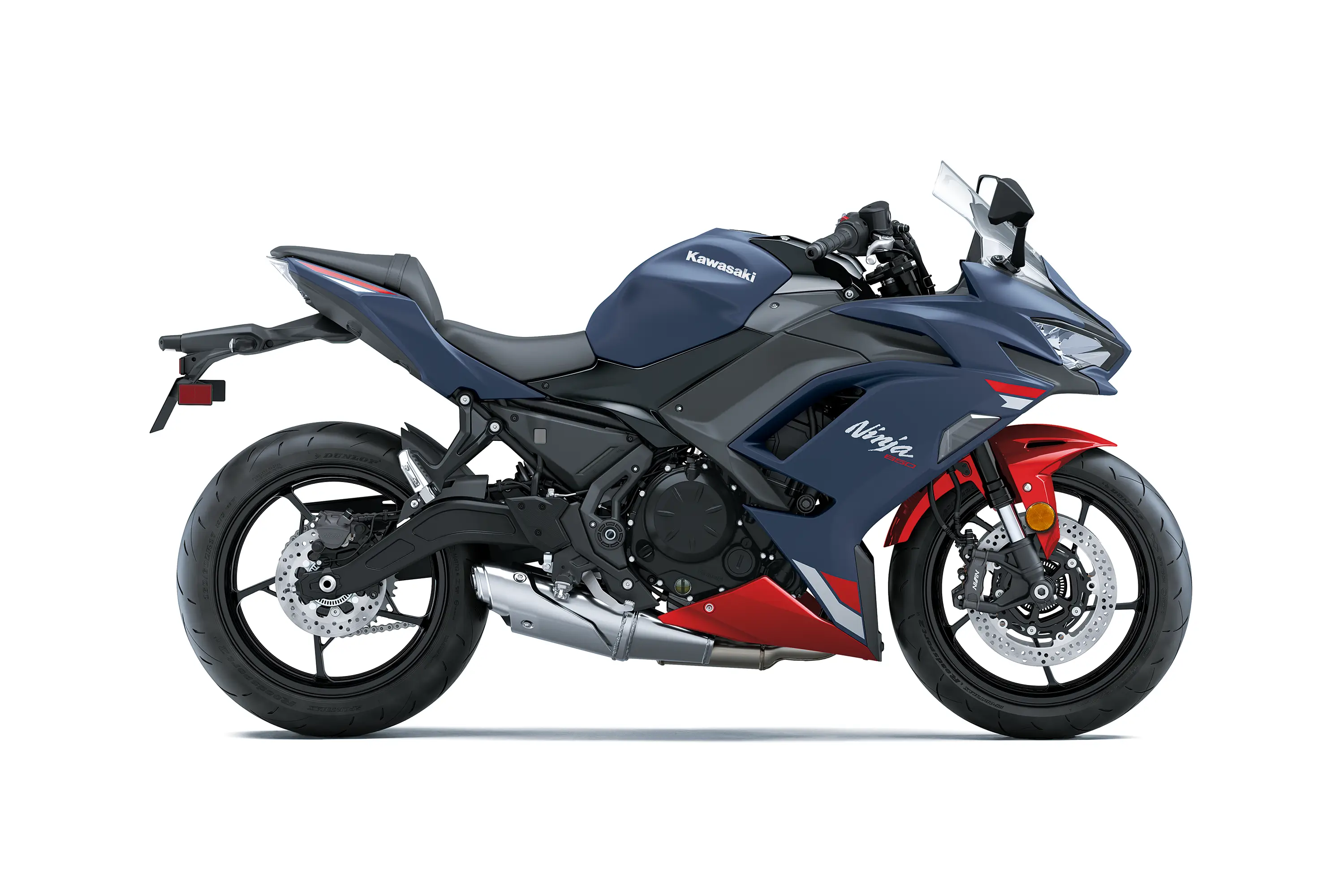 Side angle of a blue motorcycle staged in a white studio background.