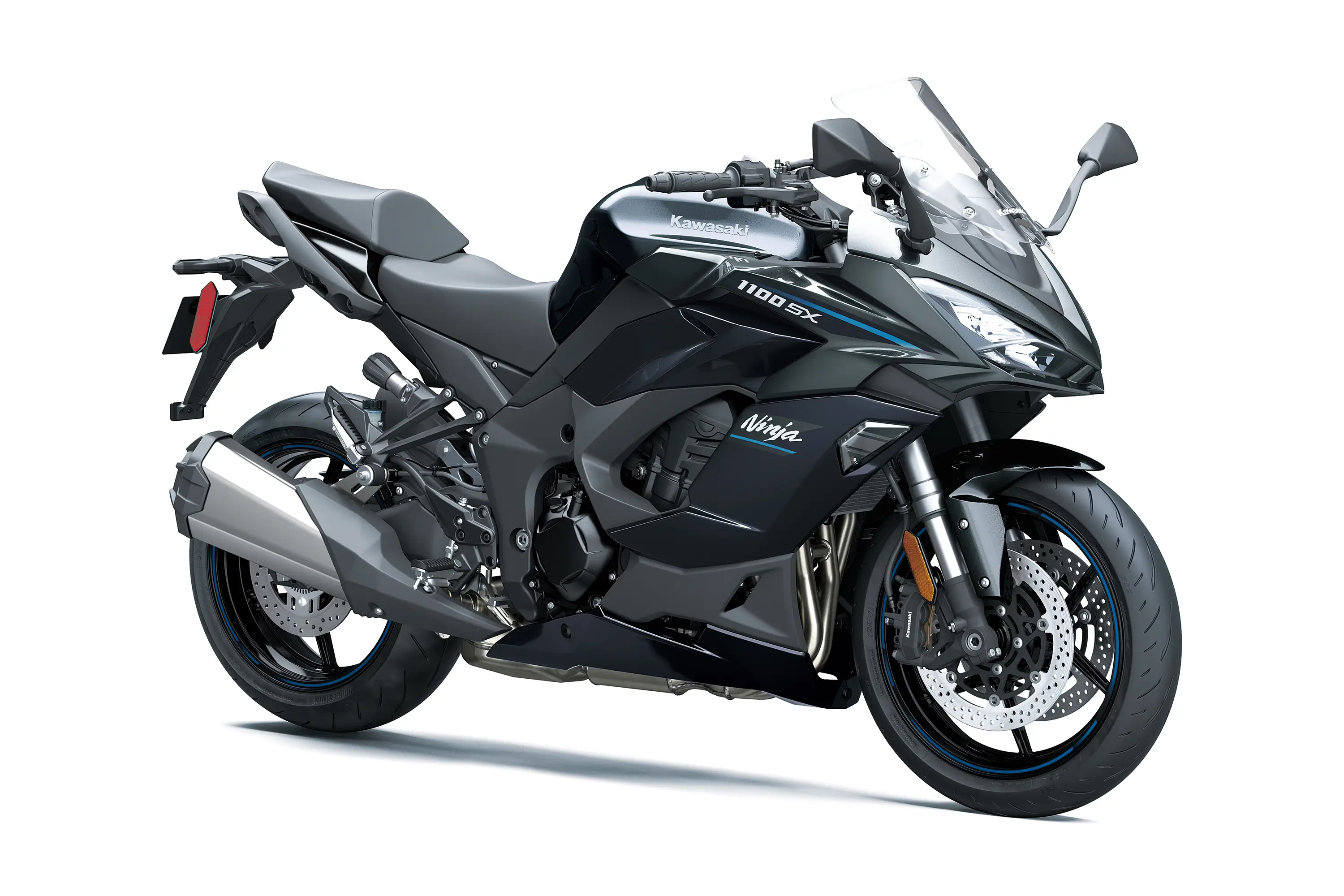 Three-quarter front angle of a motorcycle staged in a white studio background.