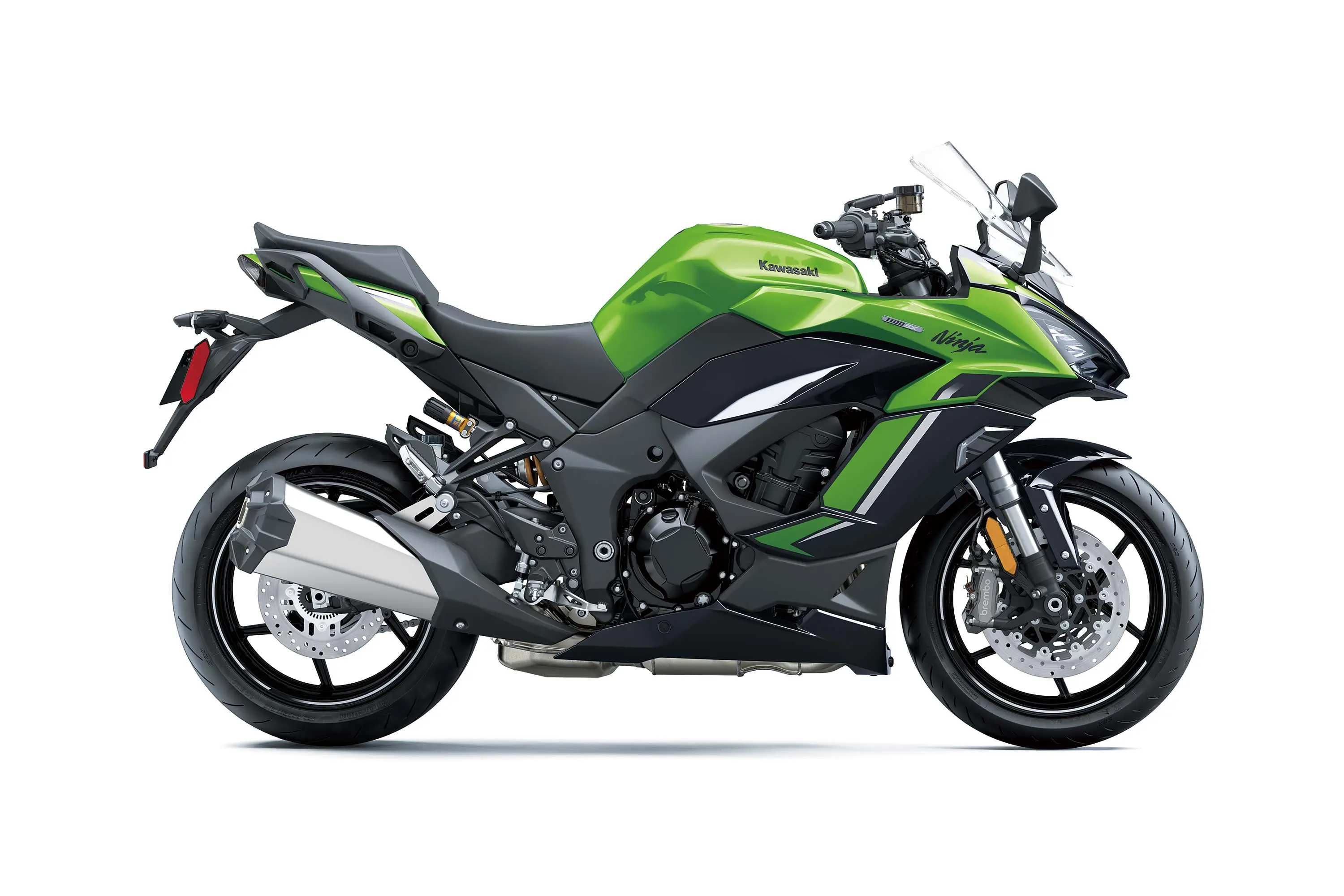 Side angle of a motorcycle staged in a white studio background.