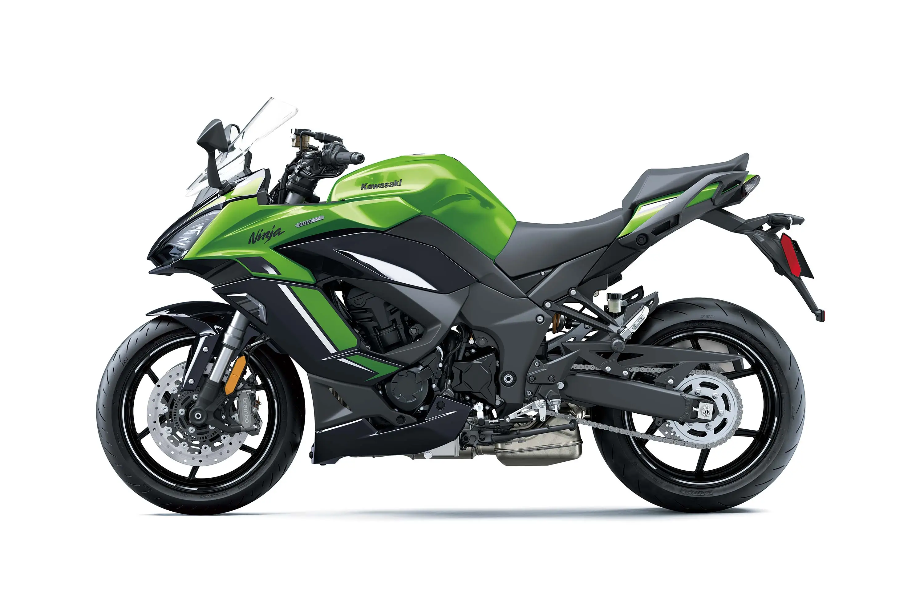 Profile angle of a motorcycle staged in a white studio background.