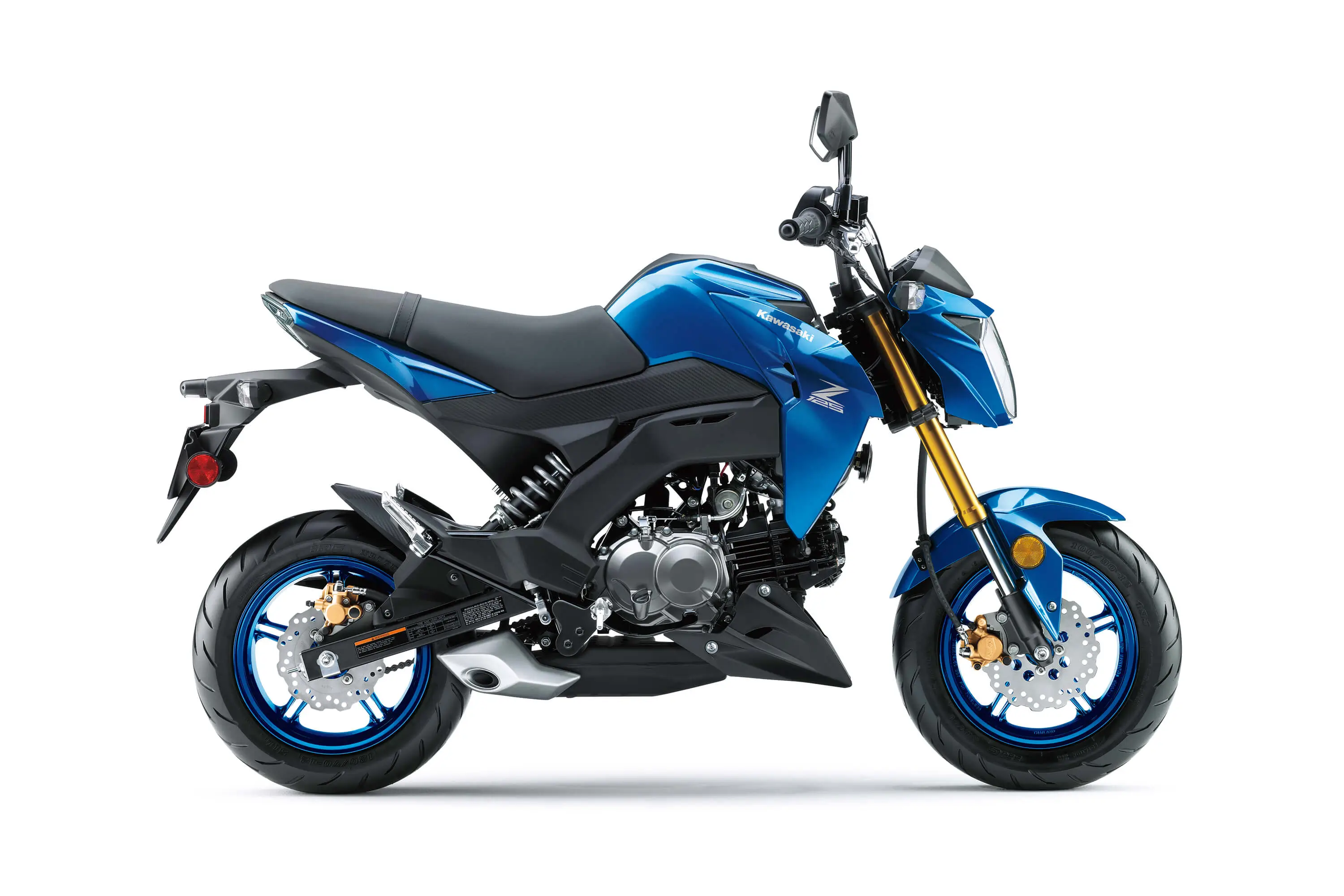 Side angle of a blue motorcycle staged in a white studio background.