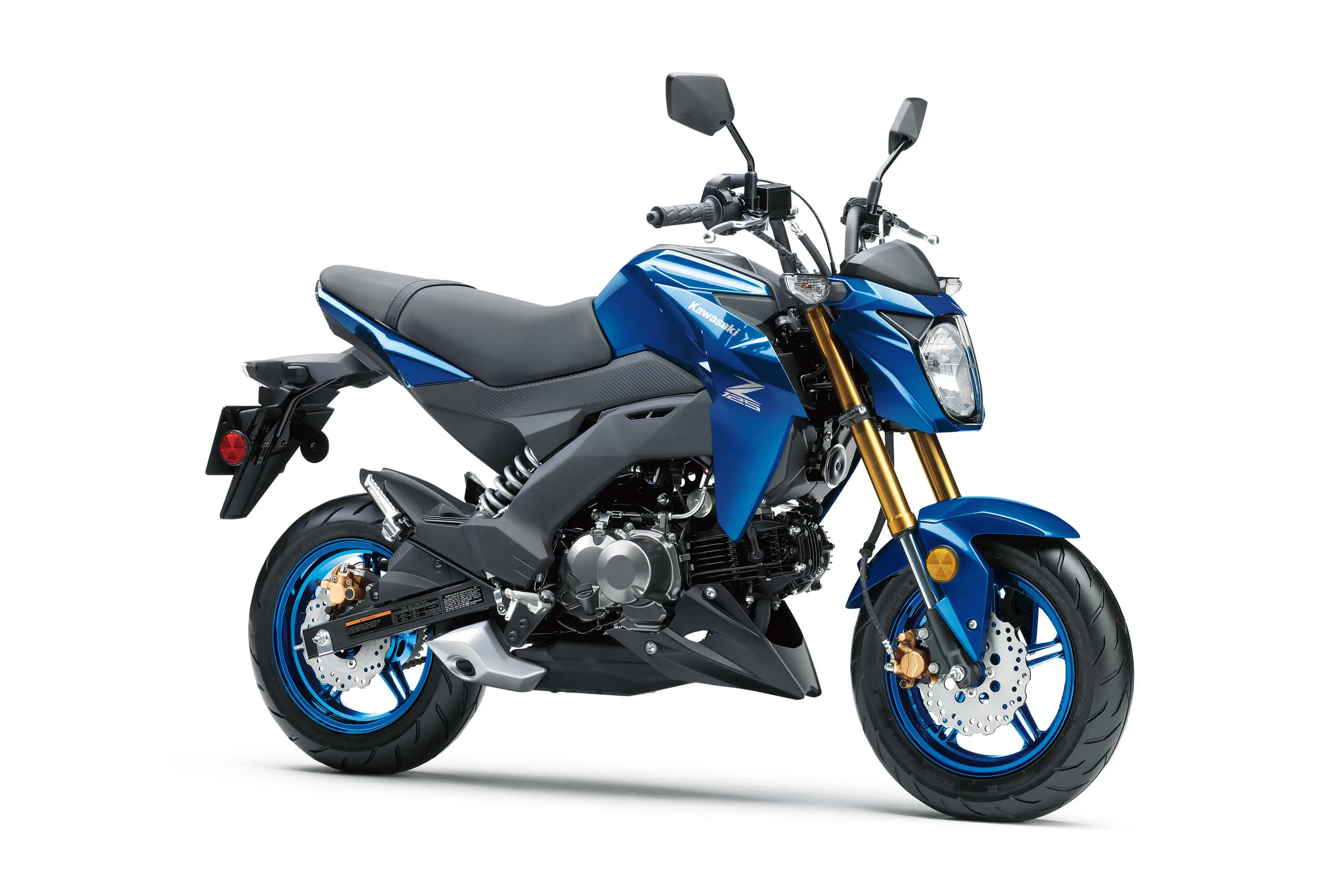 Three-quarter front angle of a blue motorcycle staged in a white studio background.