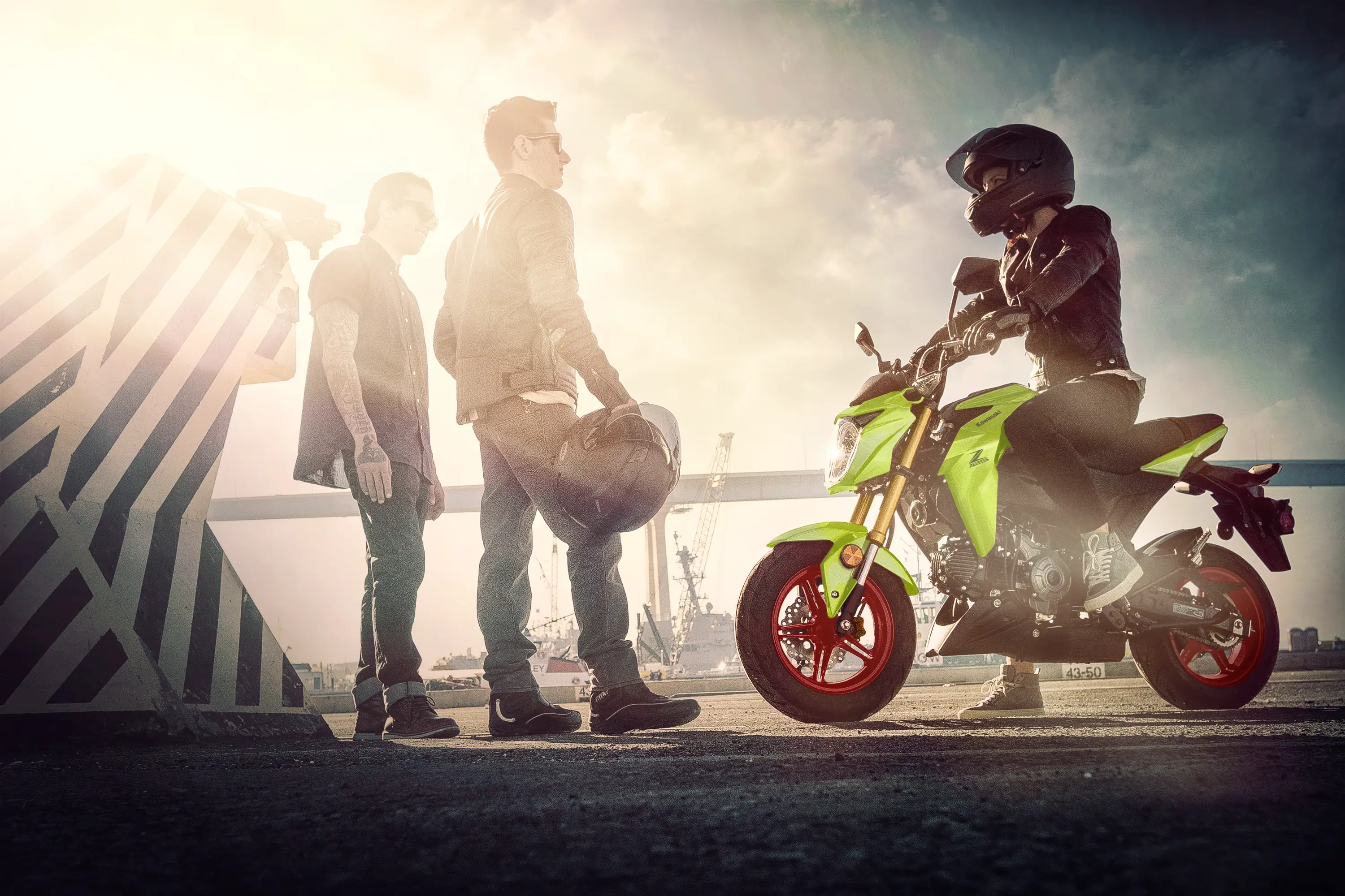 Side angle of a motorcycle parked.