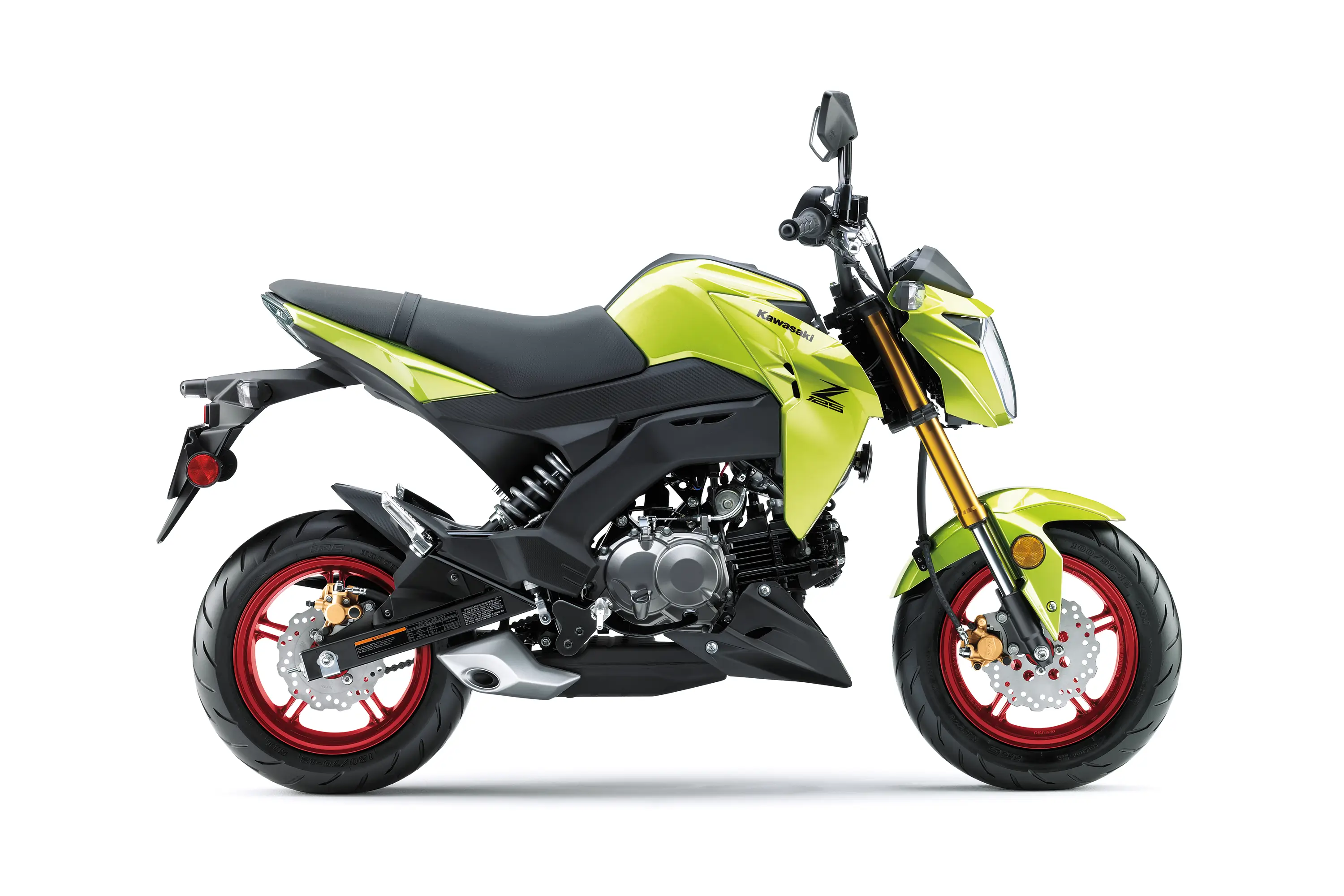 Side angle of a green motorcycle staged in a white studio background.
