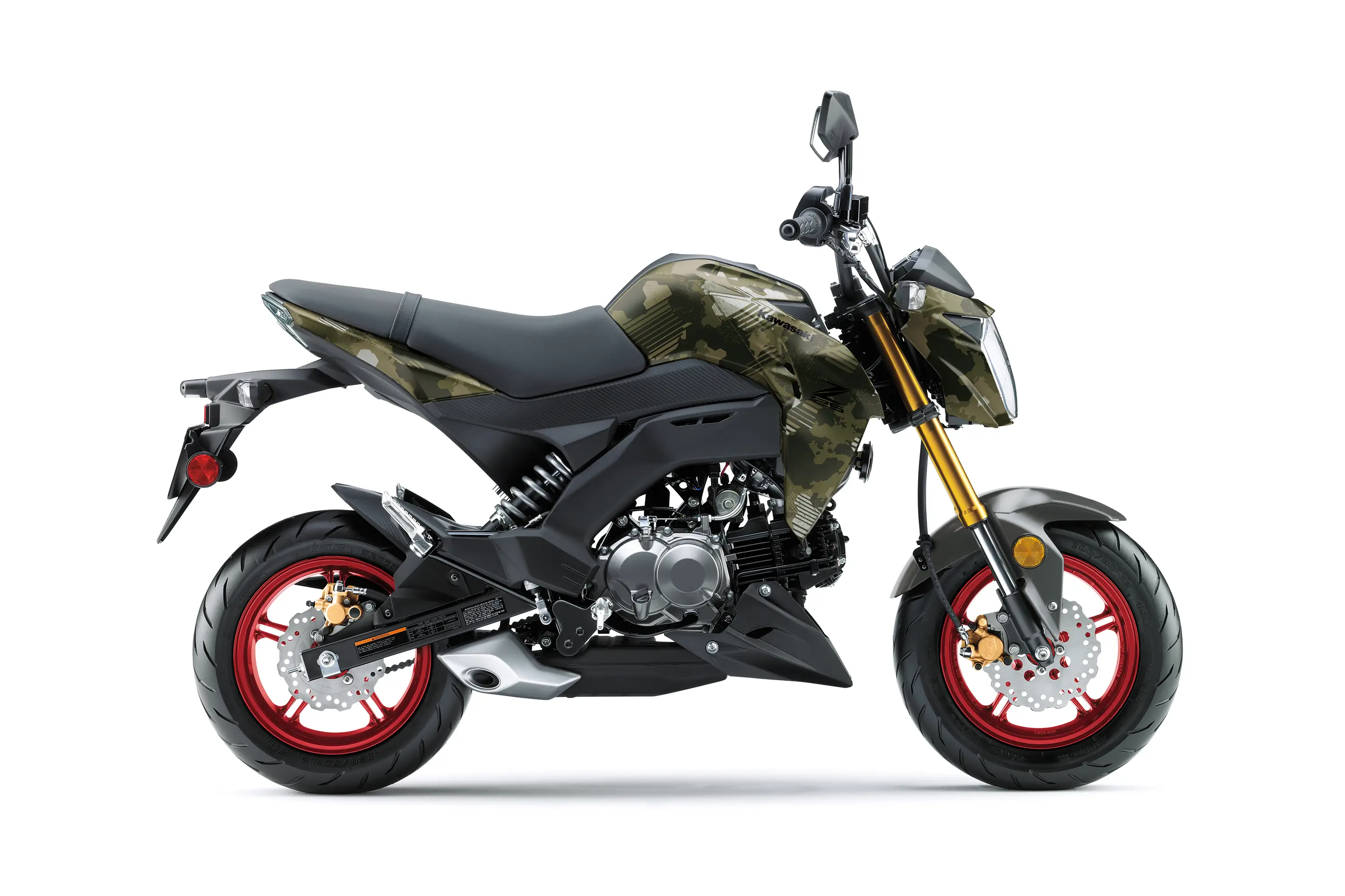 Side angle of a motorcycle staged in a white studio background.