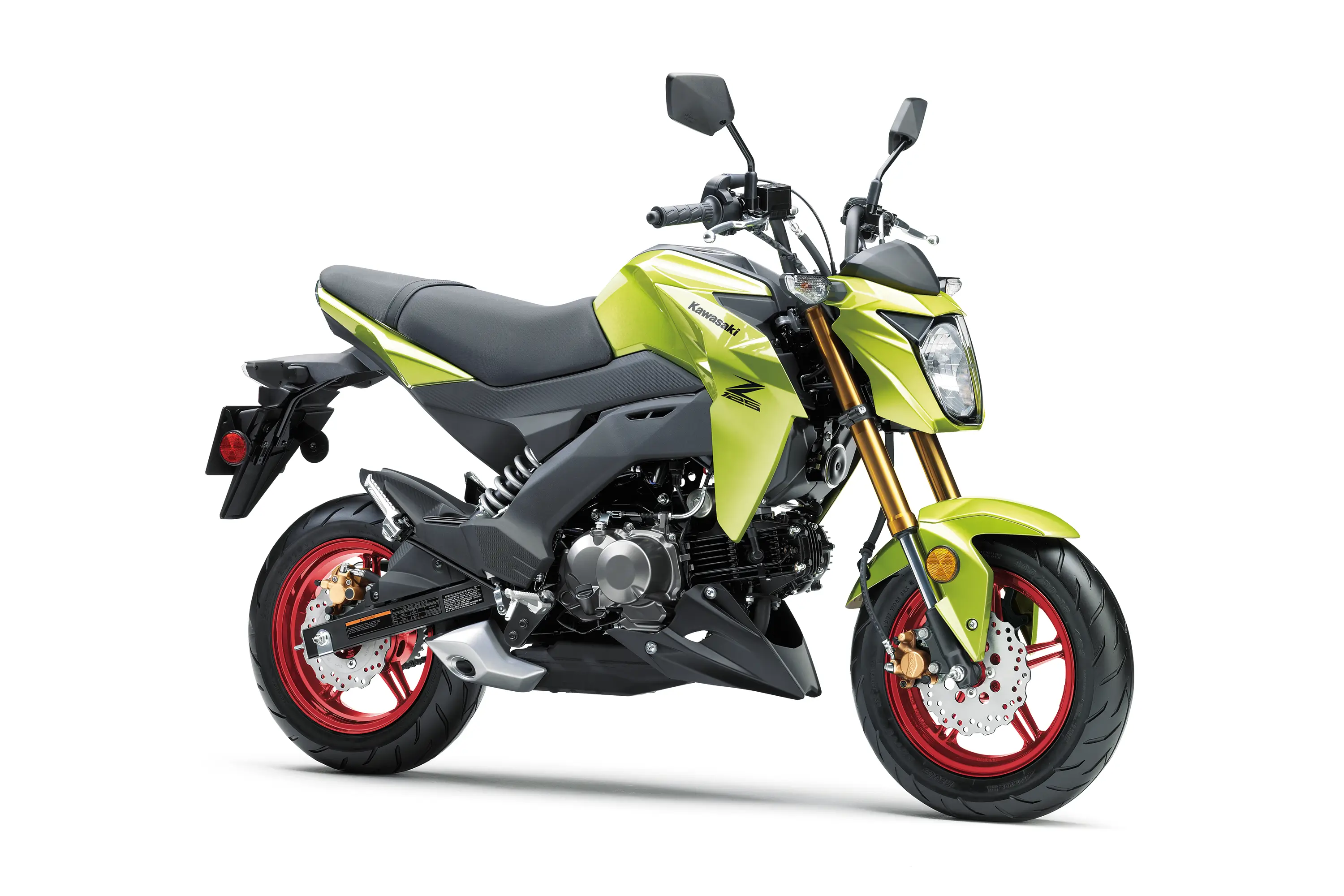 Three-quarter front angle of a green motorcycle staged in a white studio background.