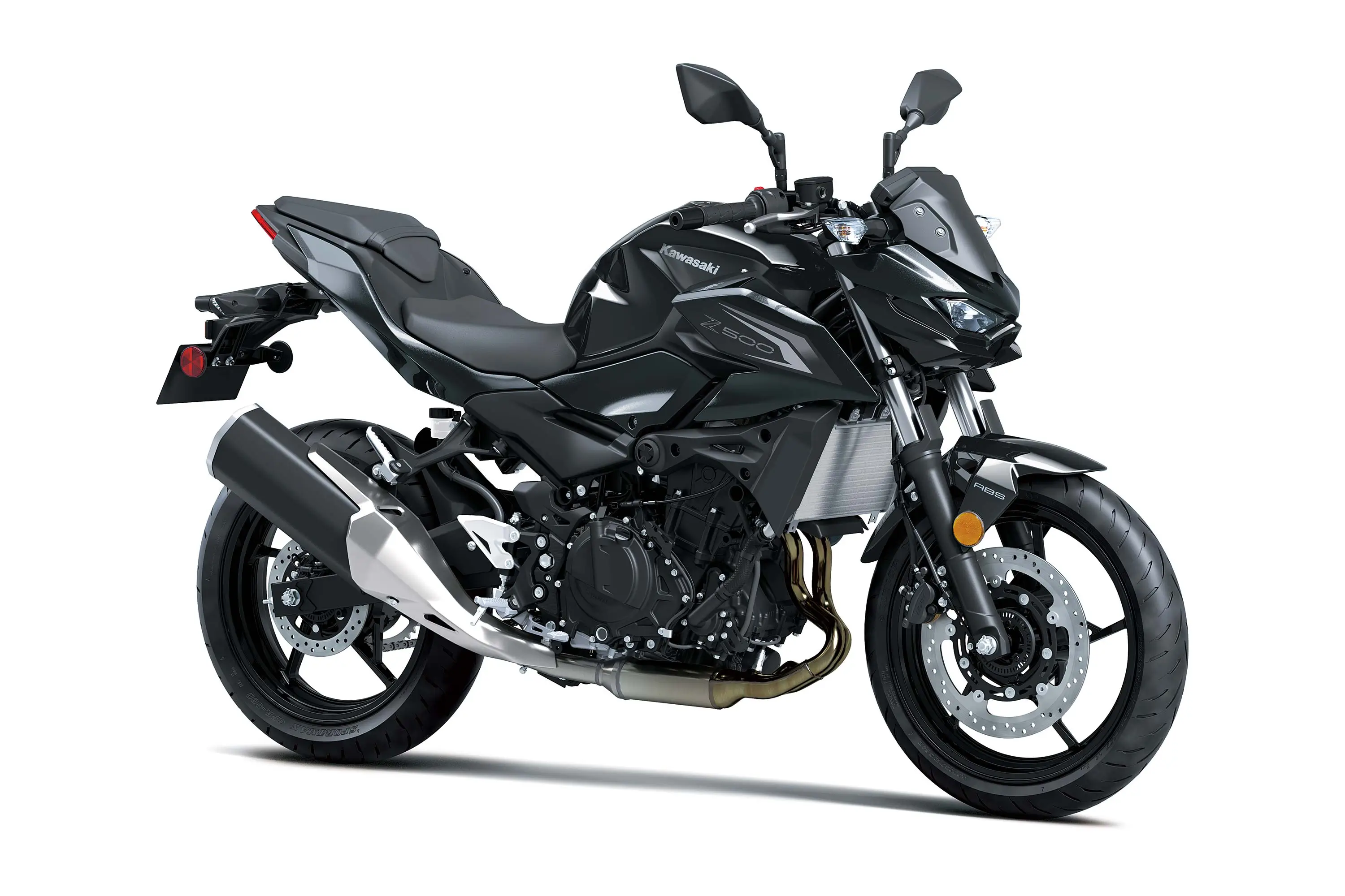Three-quarter front angle of a motorcycle staged in a white studio background.