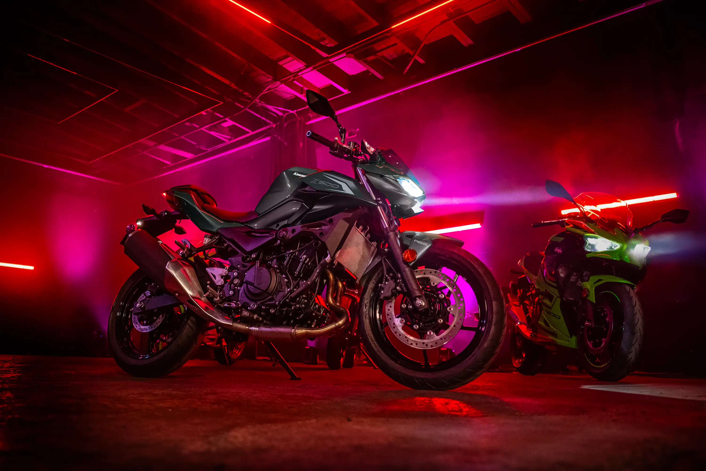 Side angle of a motorcycle parked.