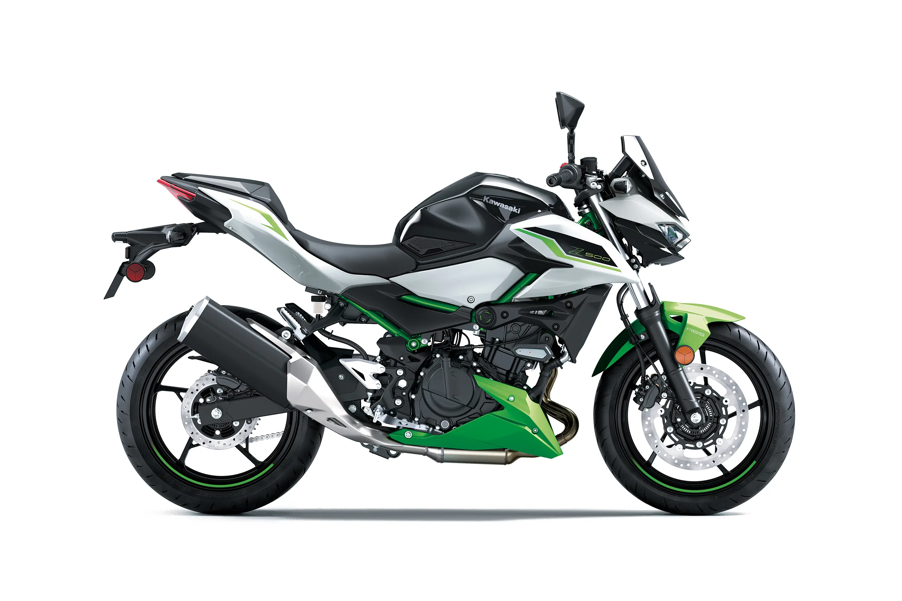 Side angle of a motorcycle staged in a white studio background.