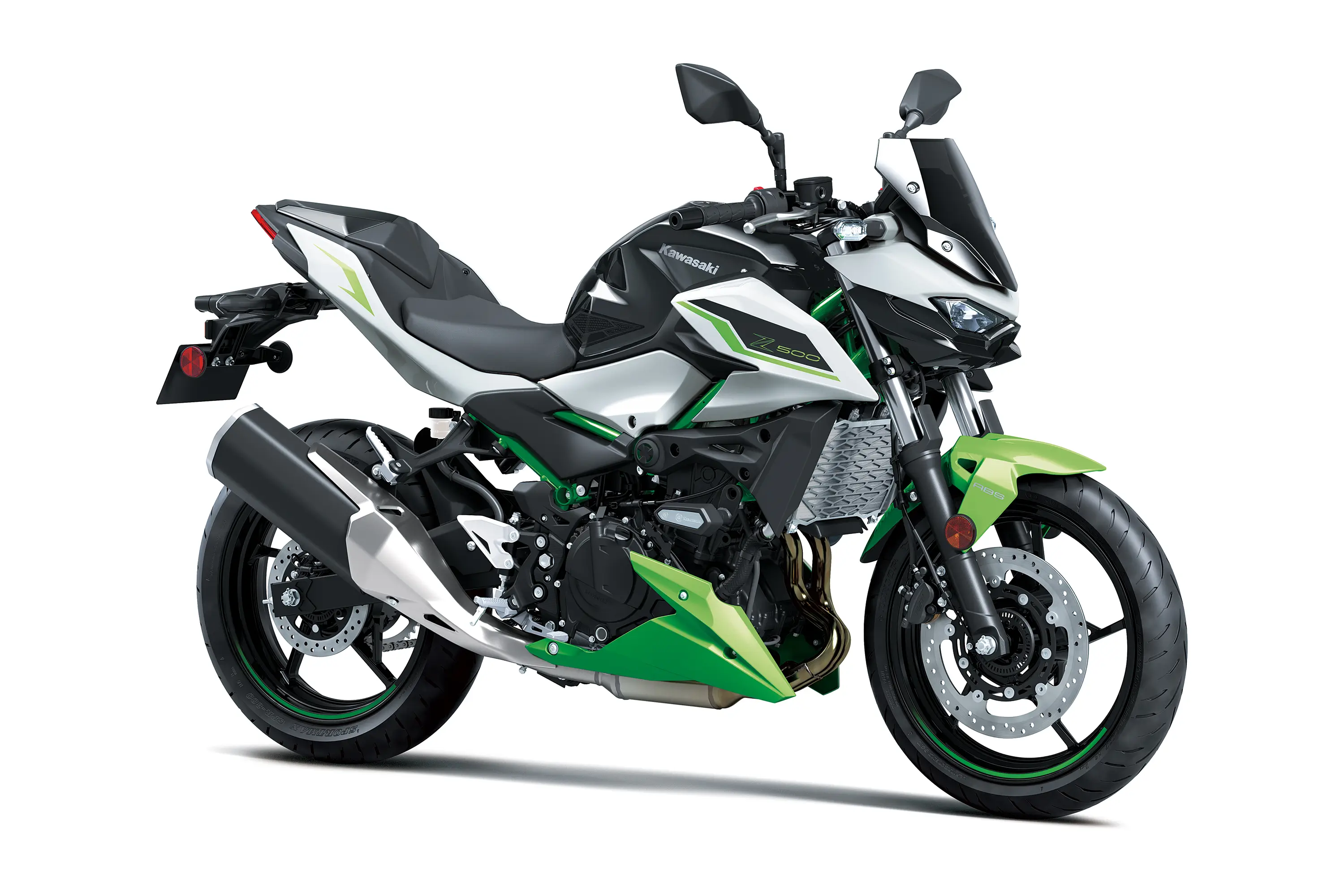Three-quarter front angle of a motorcycle staged in a white studio background.
