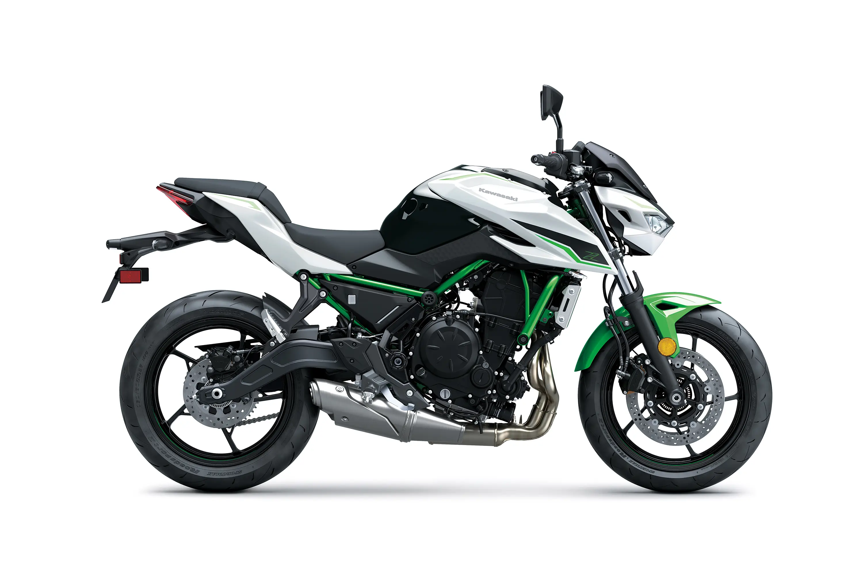 Profile angle of a motorcycle staged in a white studio background.