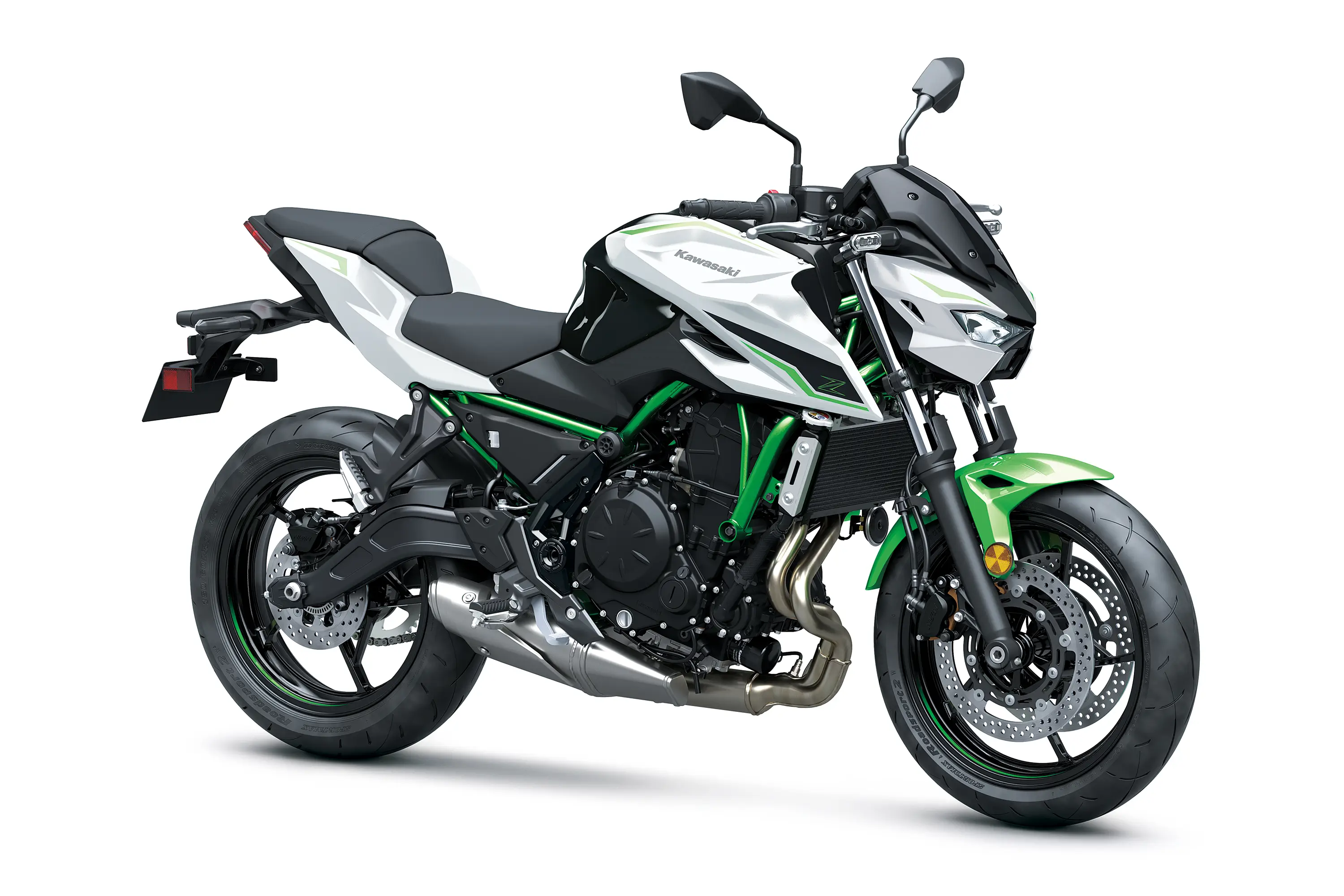 Three-quarter front angle of a motorcycle staged in a white studio background.