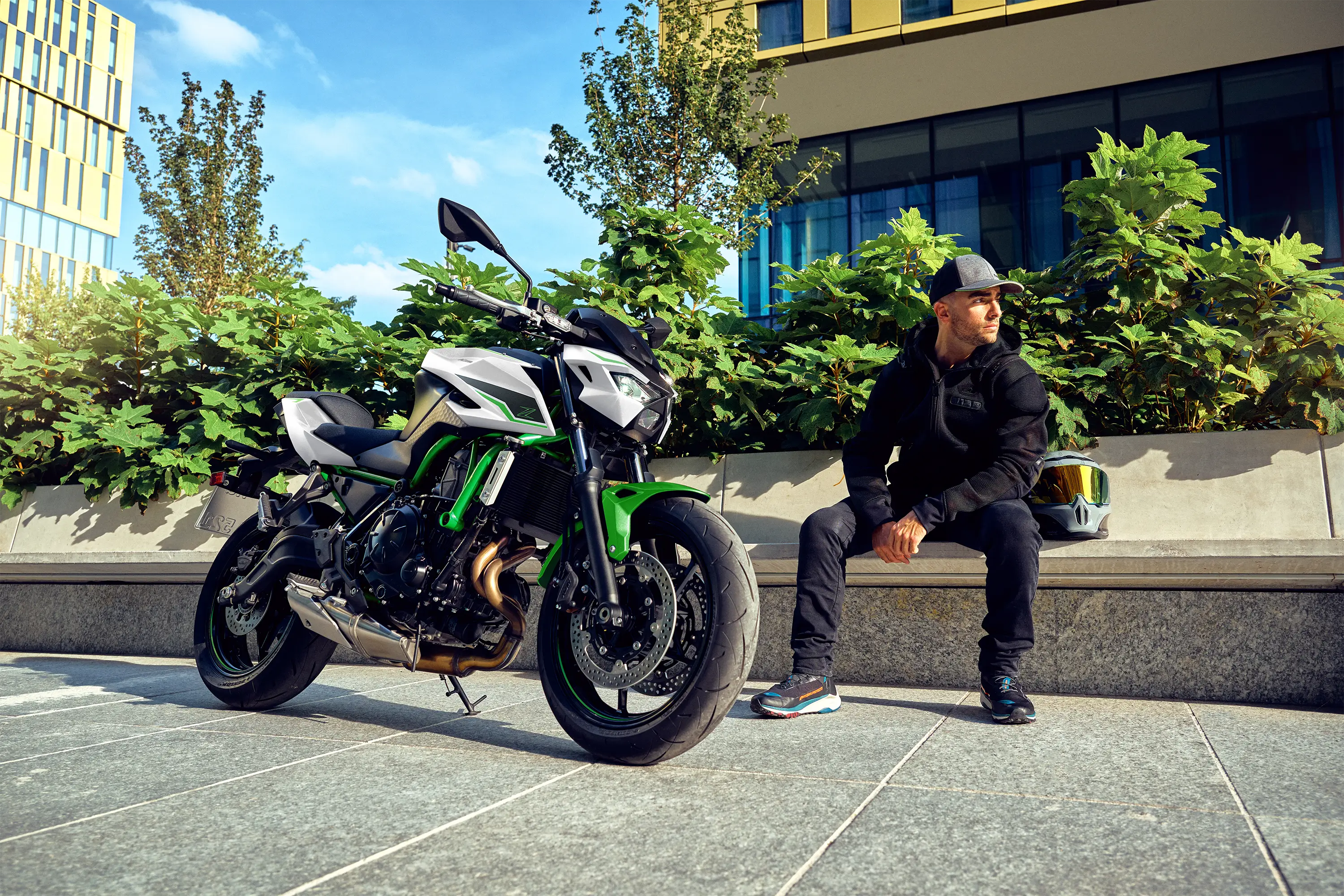 Three-quarter front angle of a motorcycle parked.