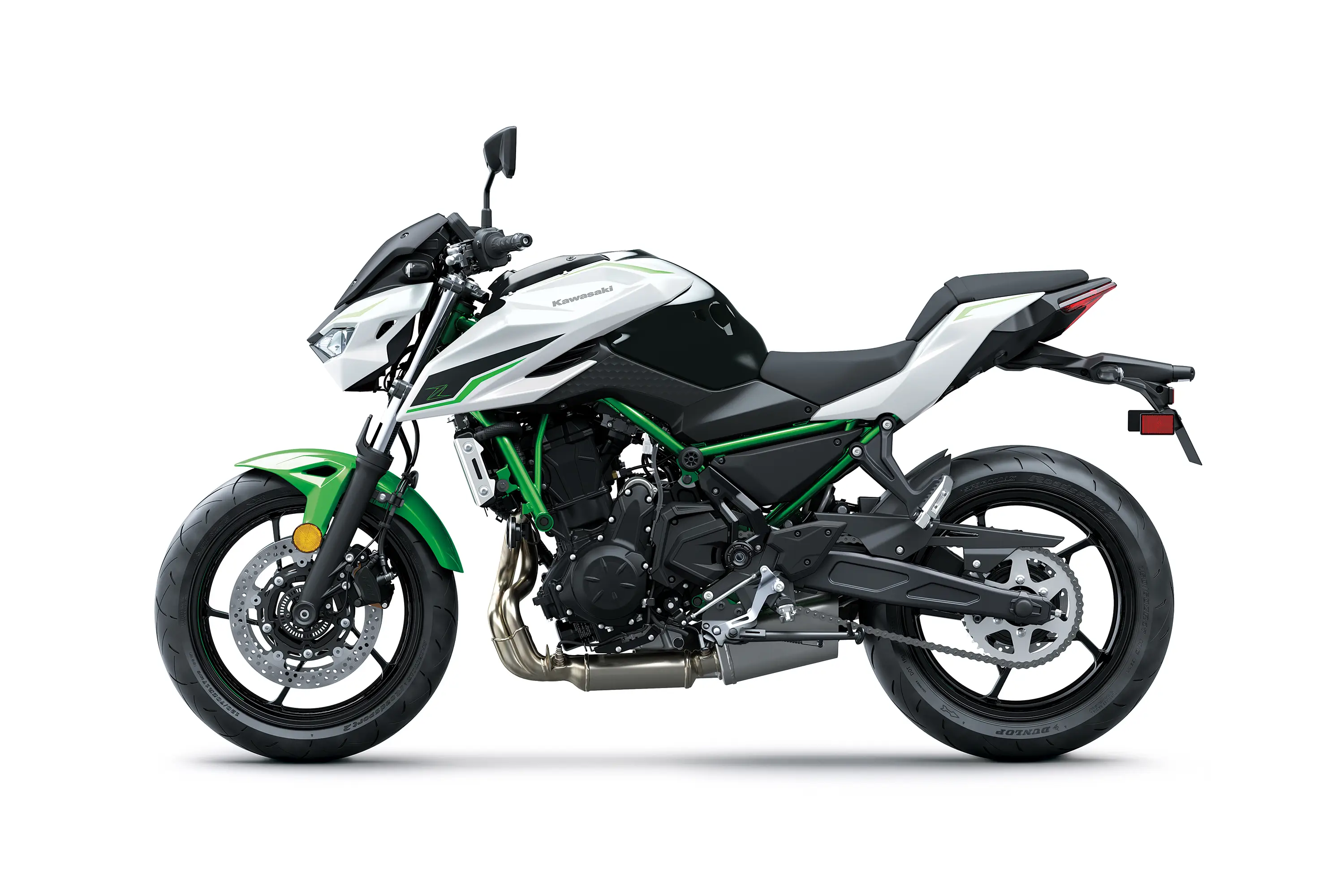 Profile angle of a motorcycle staged in a white studio background.