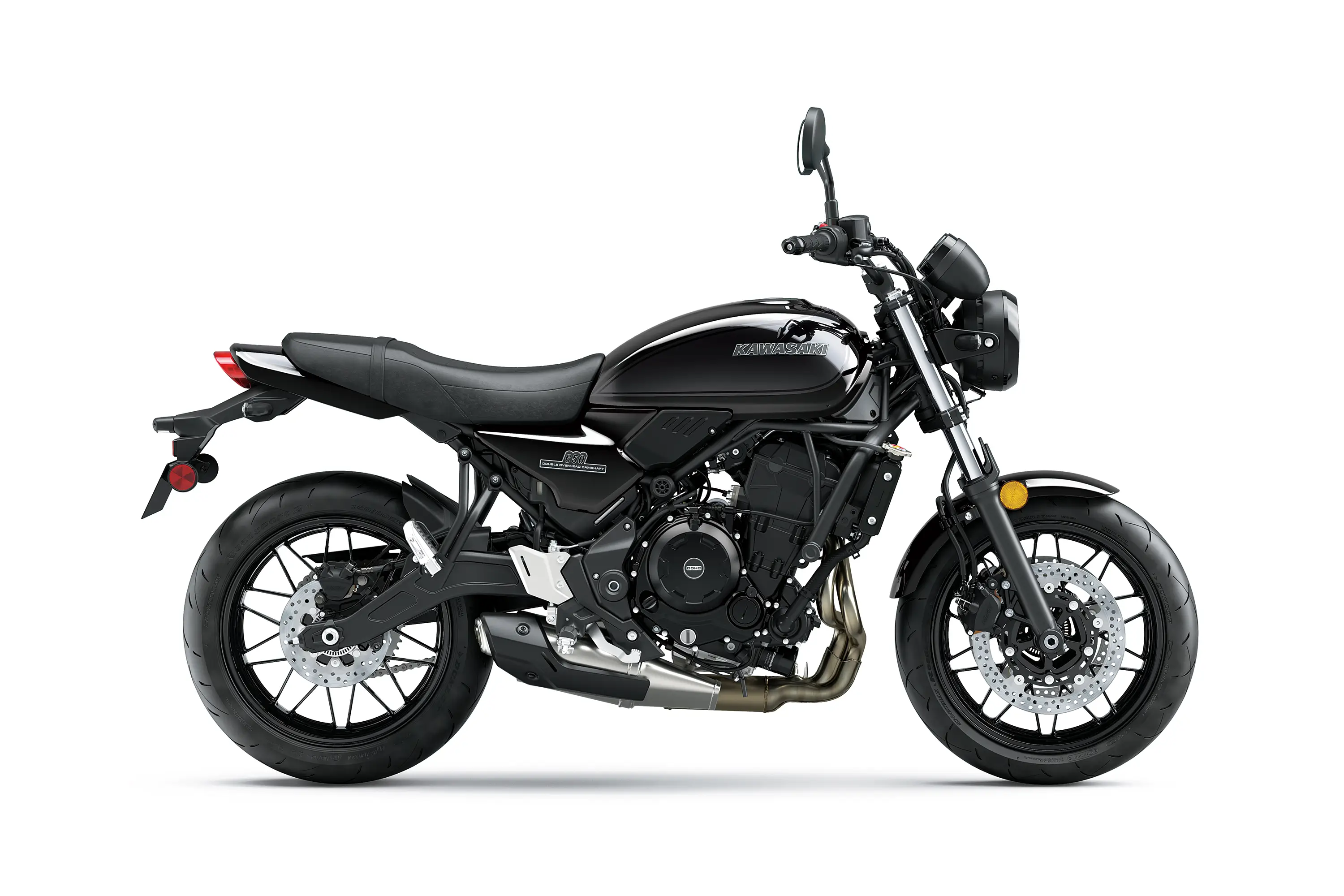 Side angle of a motorcycle staged in a white studio background.
