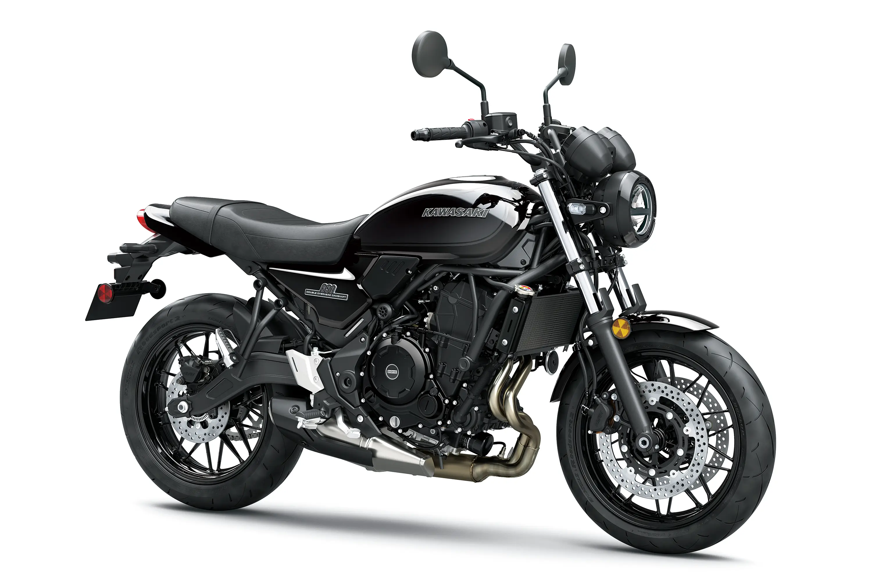 Three-quarter front angle of a motorcycle staged in a white studio background.