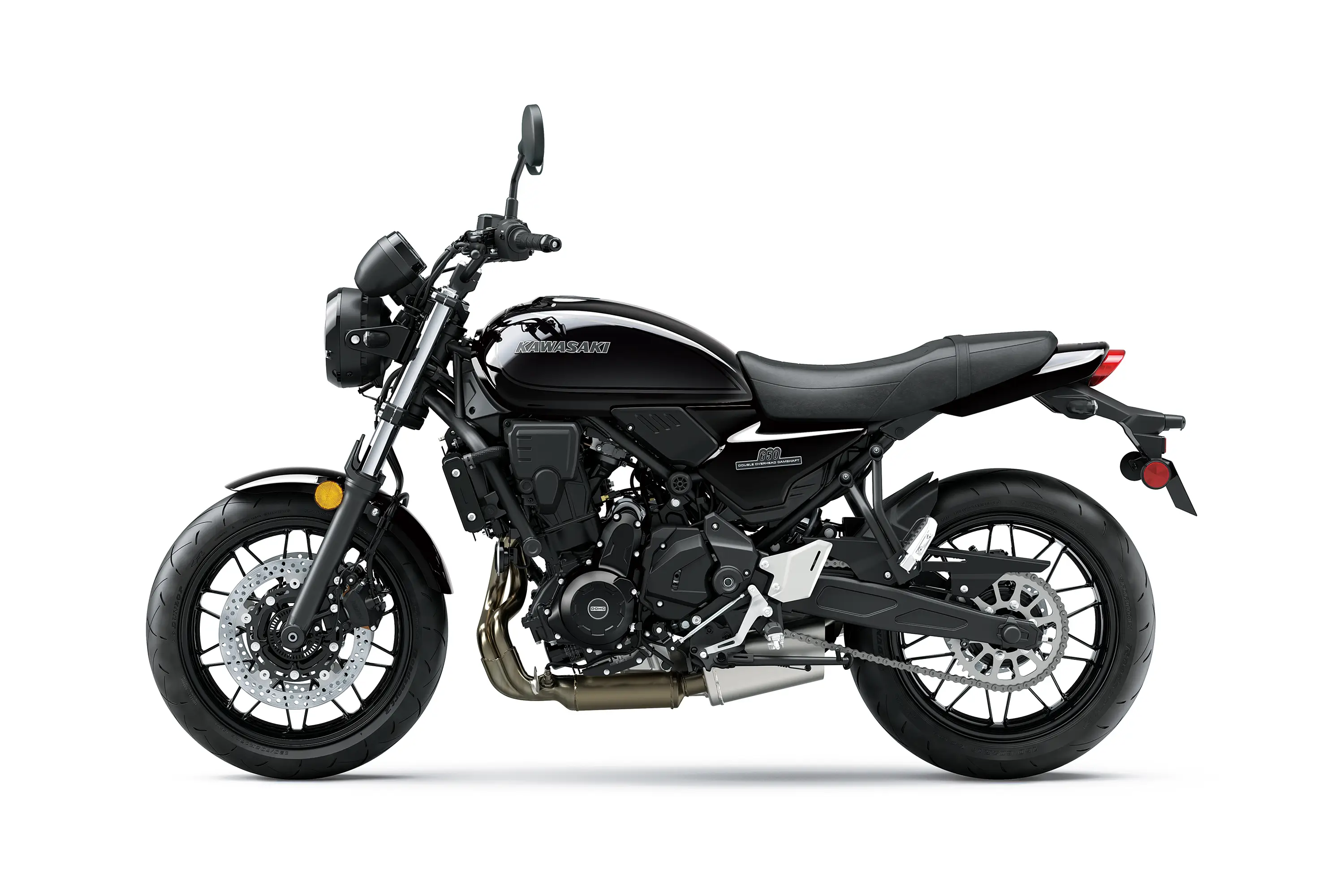 Profile angle of a motorcycle staged in a white studio background.