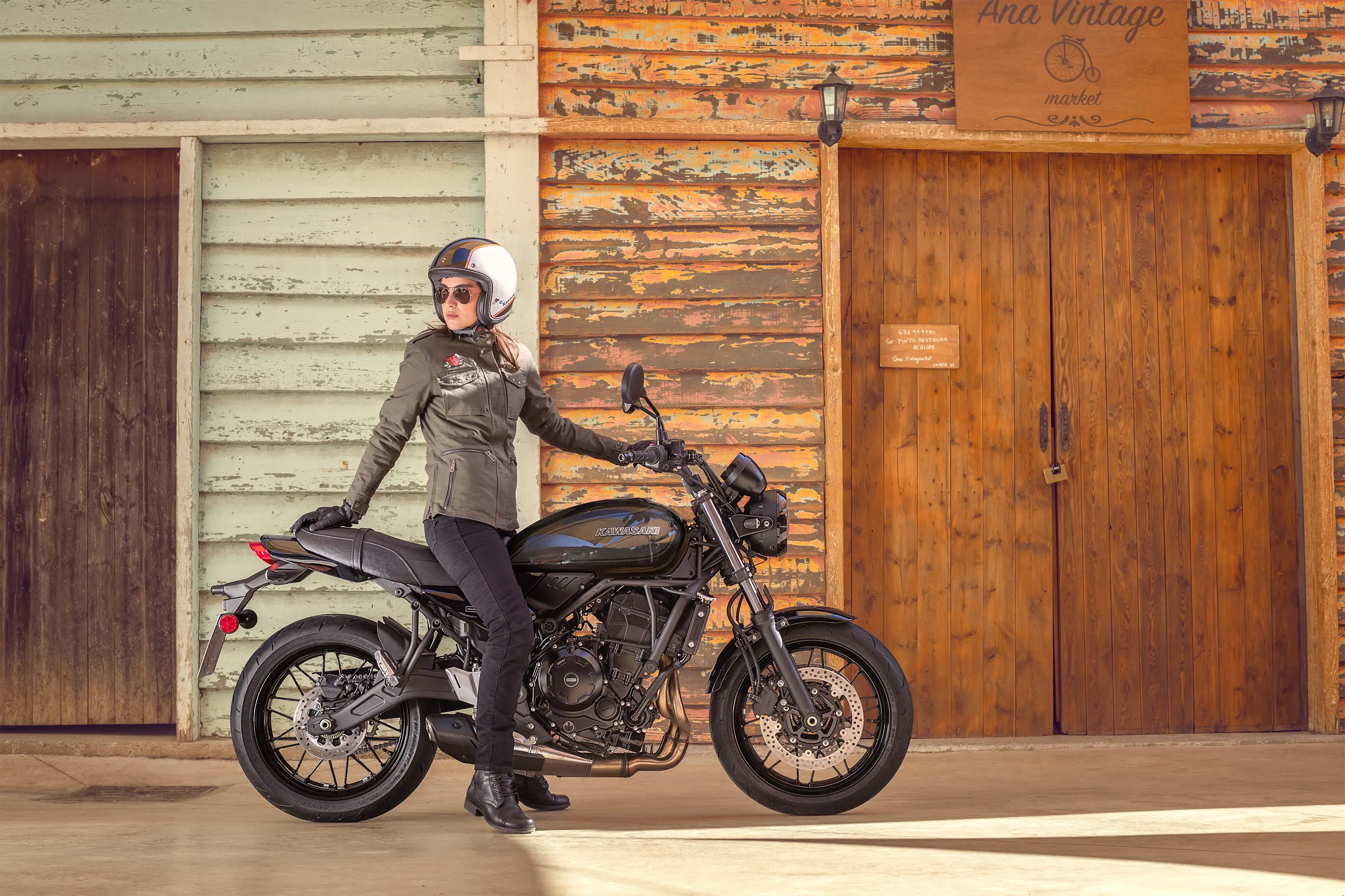 Side angle of a motorcycle parked.