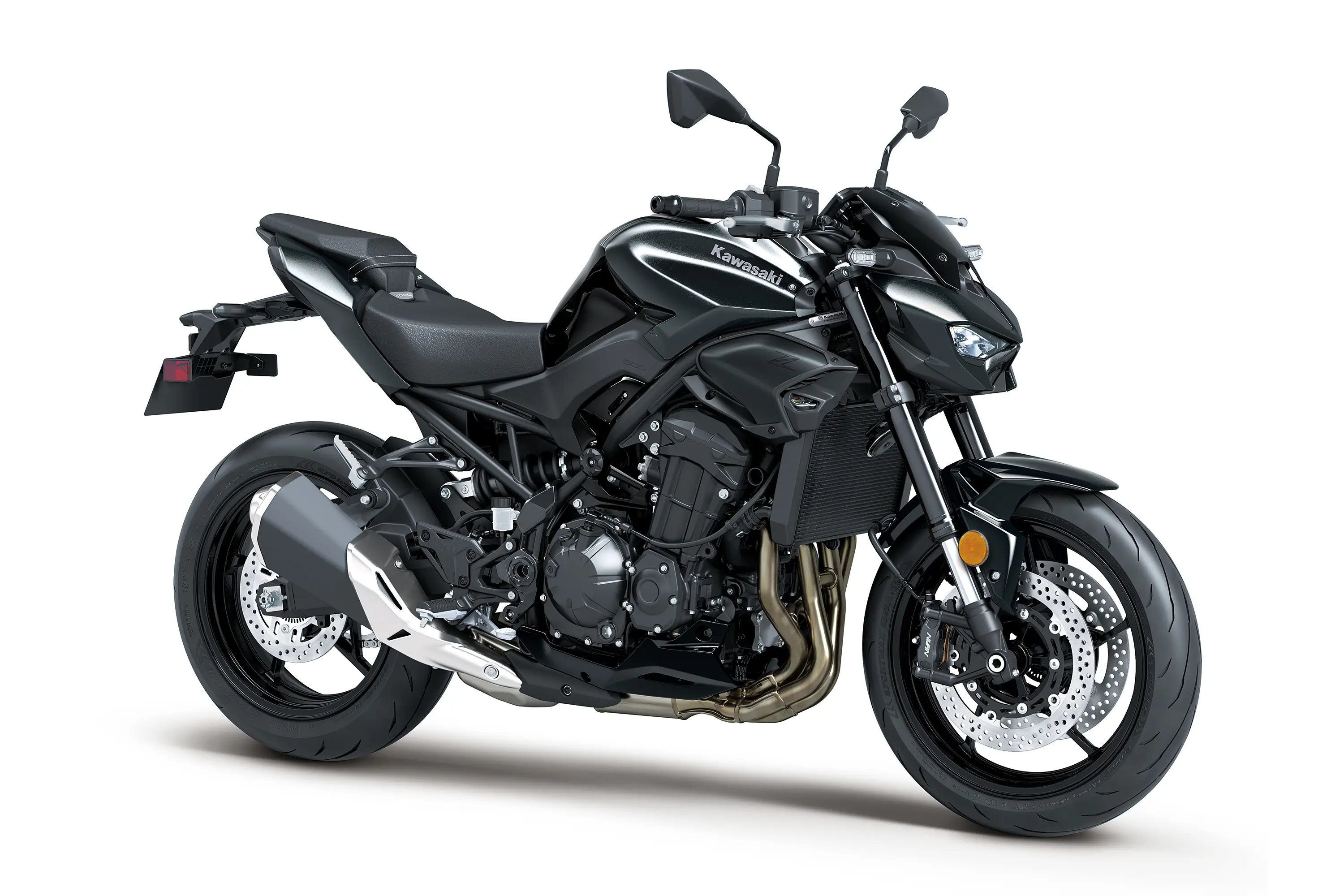 Three-quarter front angle of a black motorcycle staged in a white studio background.