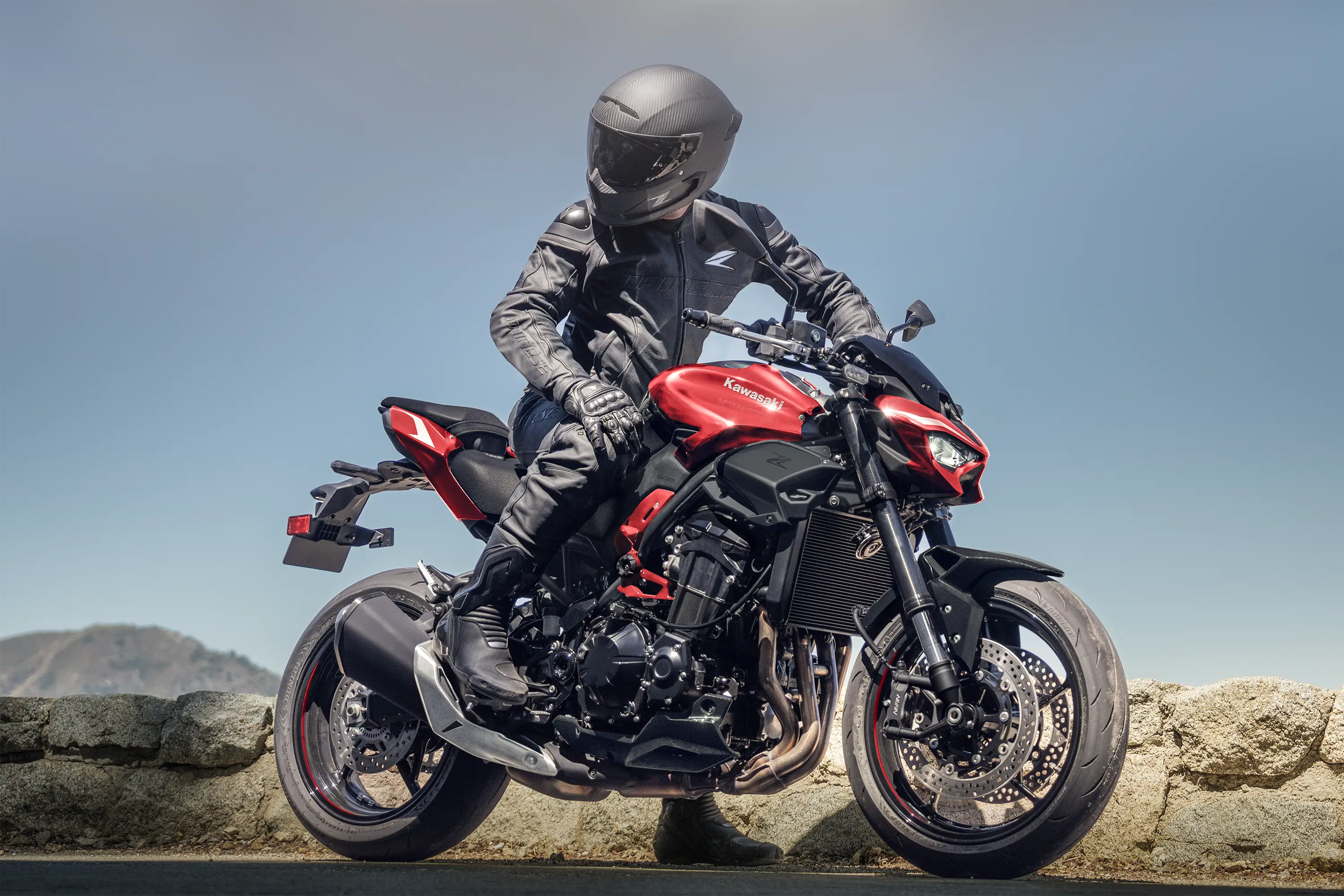 Side angle of a motorcycle parked.