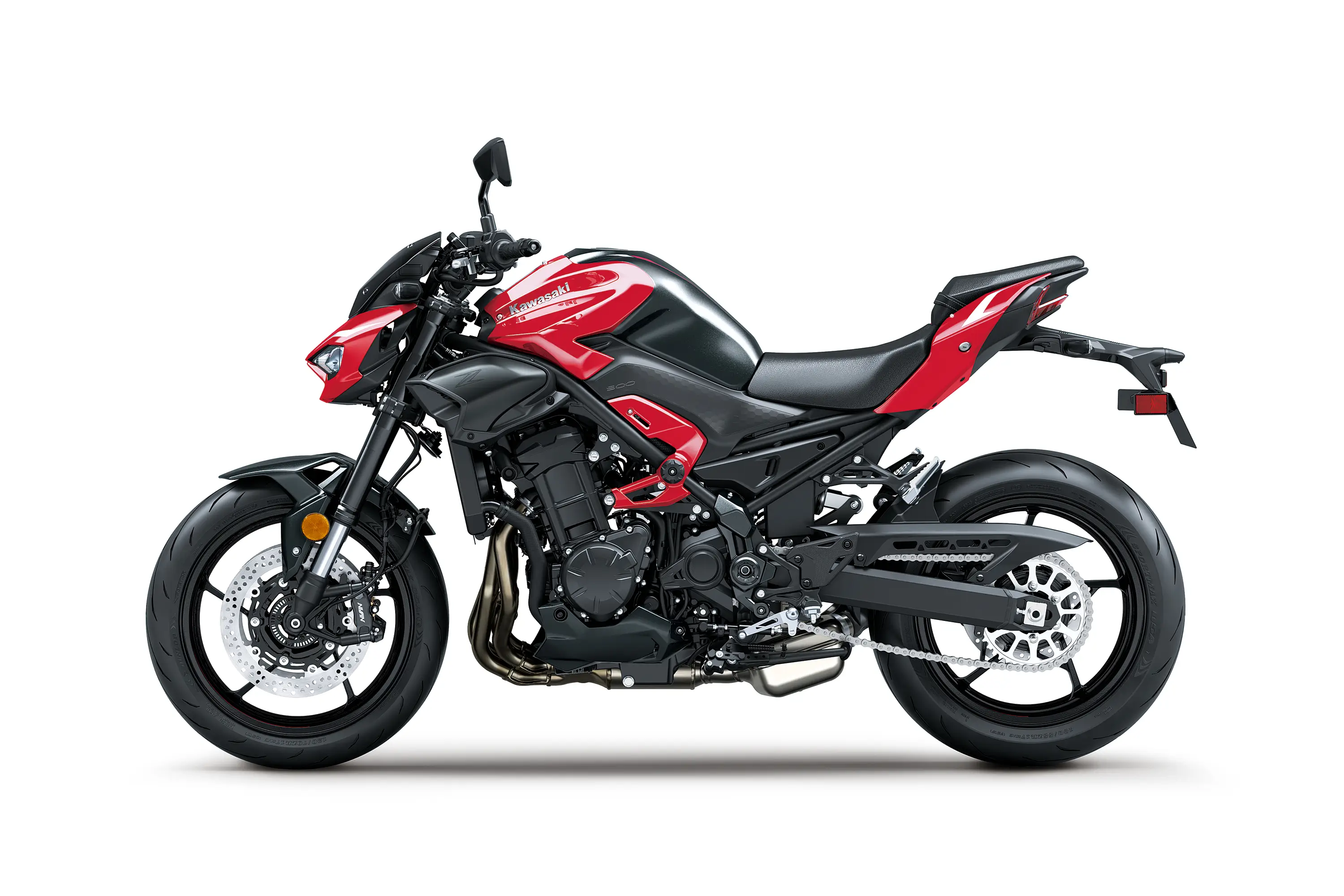 Profile angle of a motorcycle staged in a white studio background.