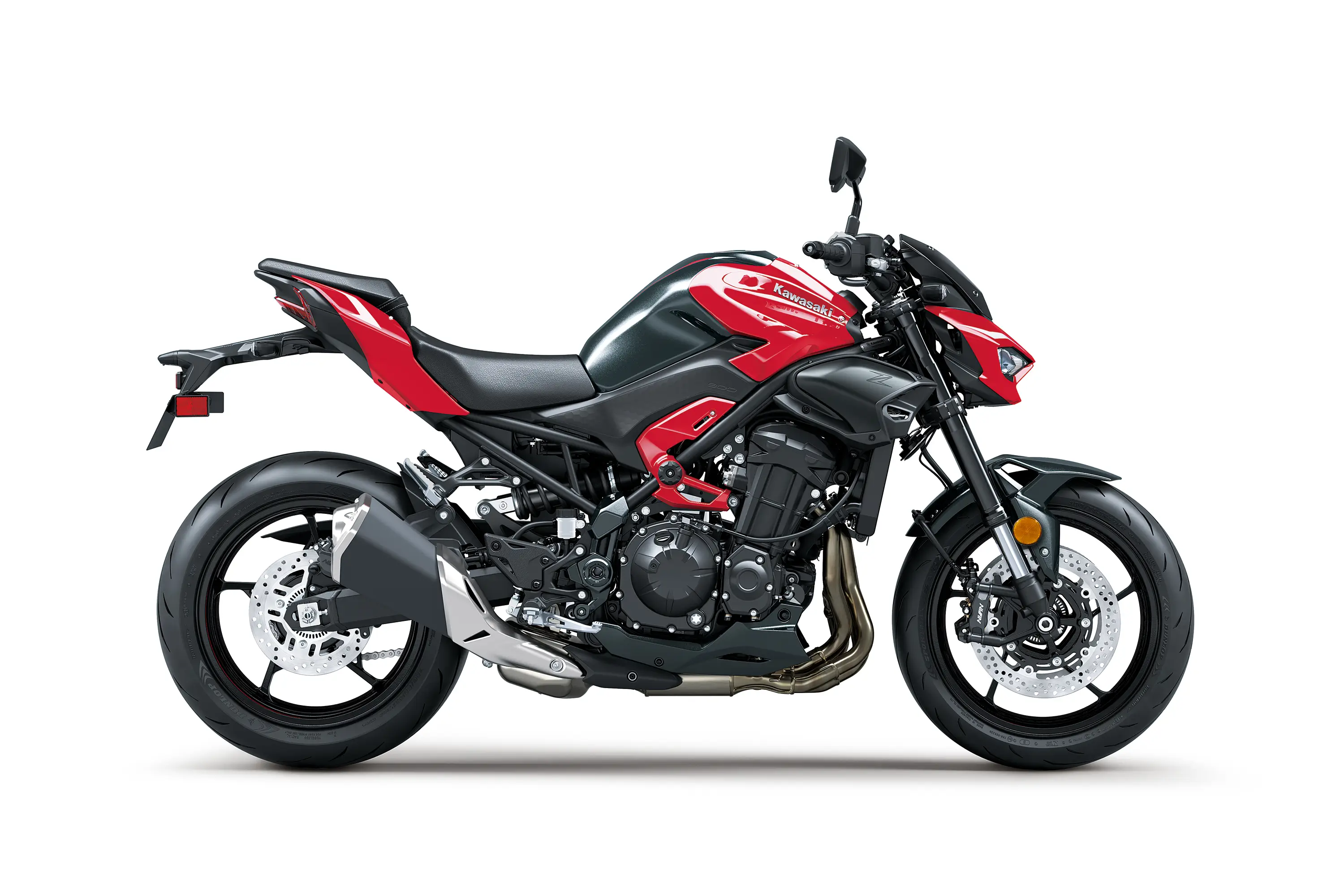 Side angle of a motorcycle staged in a white studio background.