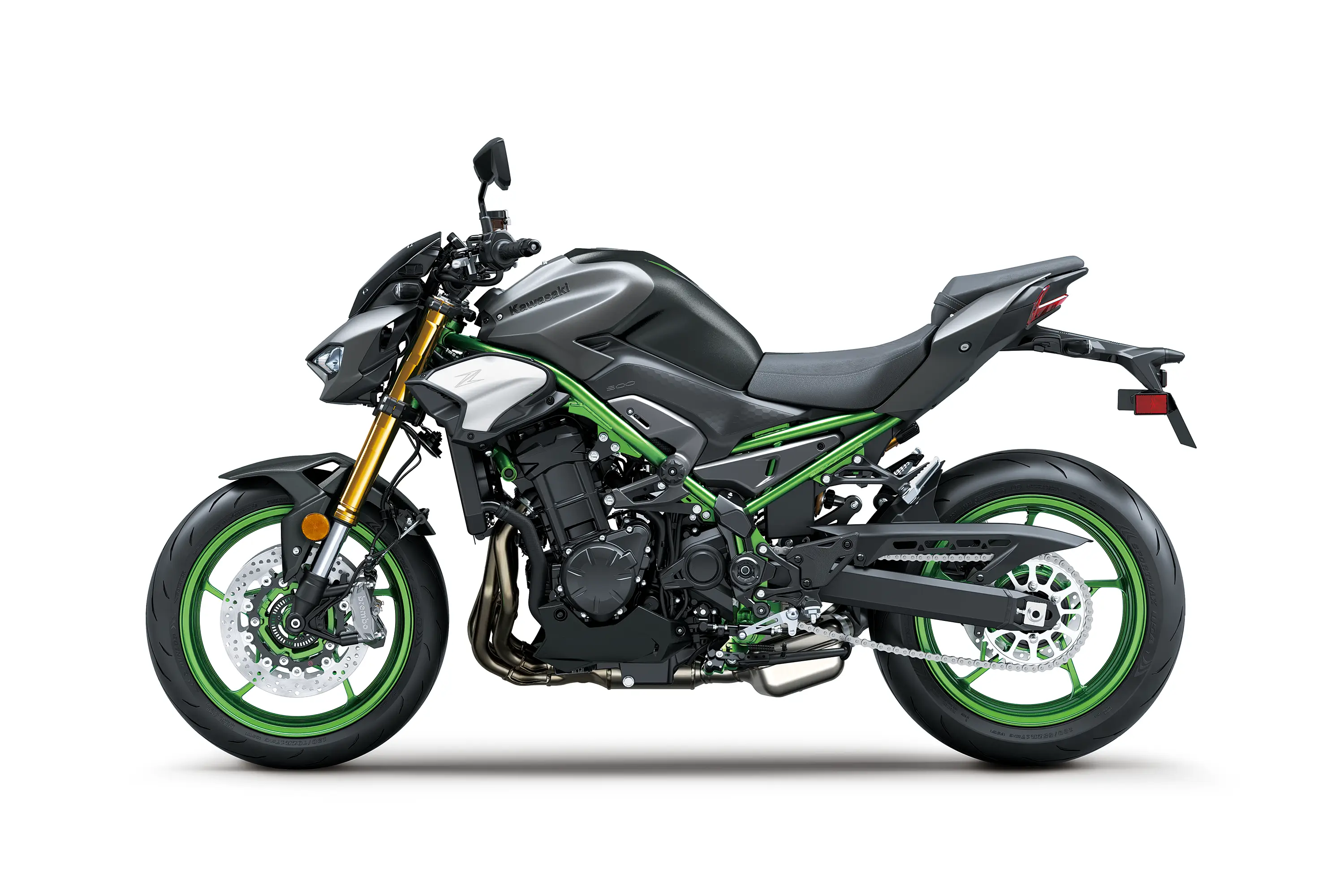 Profile angle of a motorcycle staged in a white studio background.
