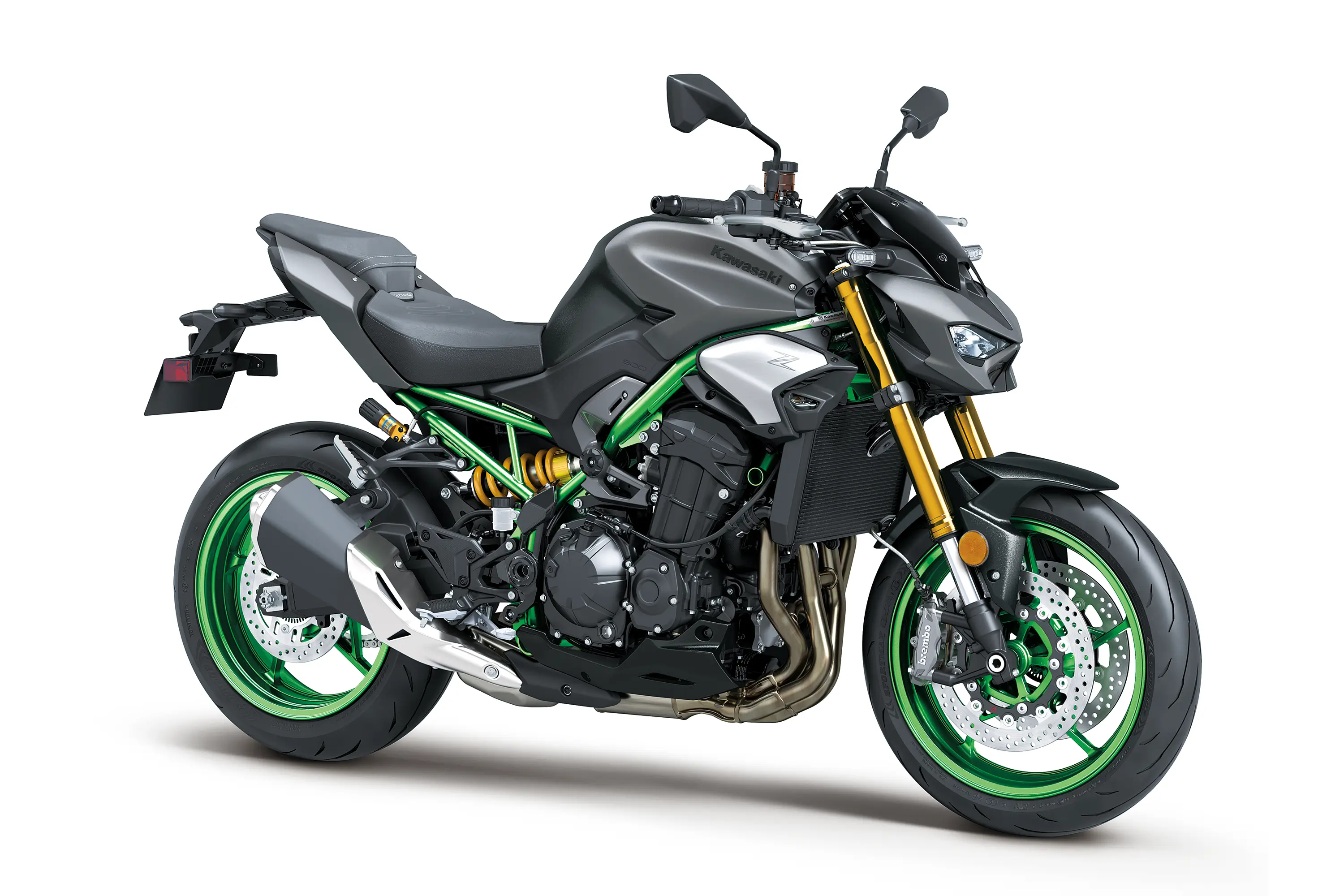 Three-quarter front angle of a motorcycle staged in a white studio background.