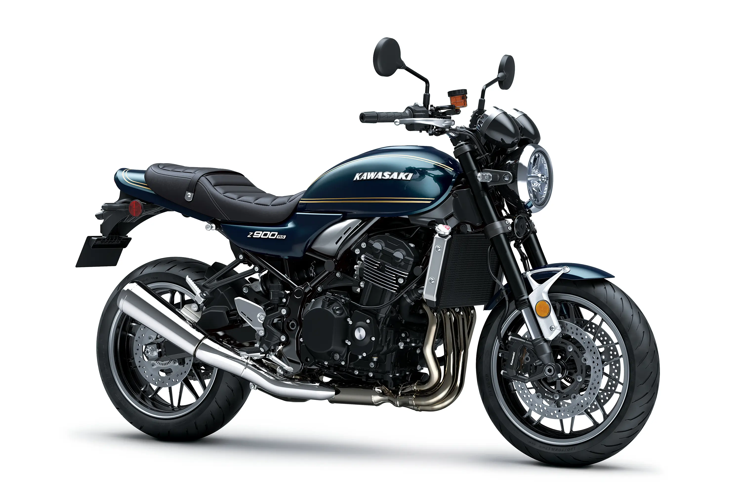Three-quarter front angle of a motorcycle staged in a white studio background.