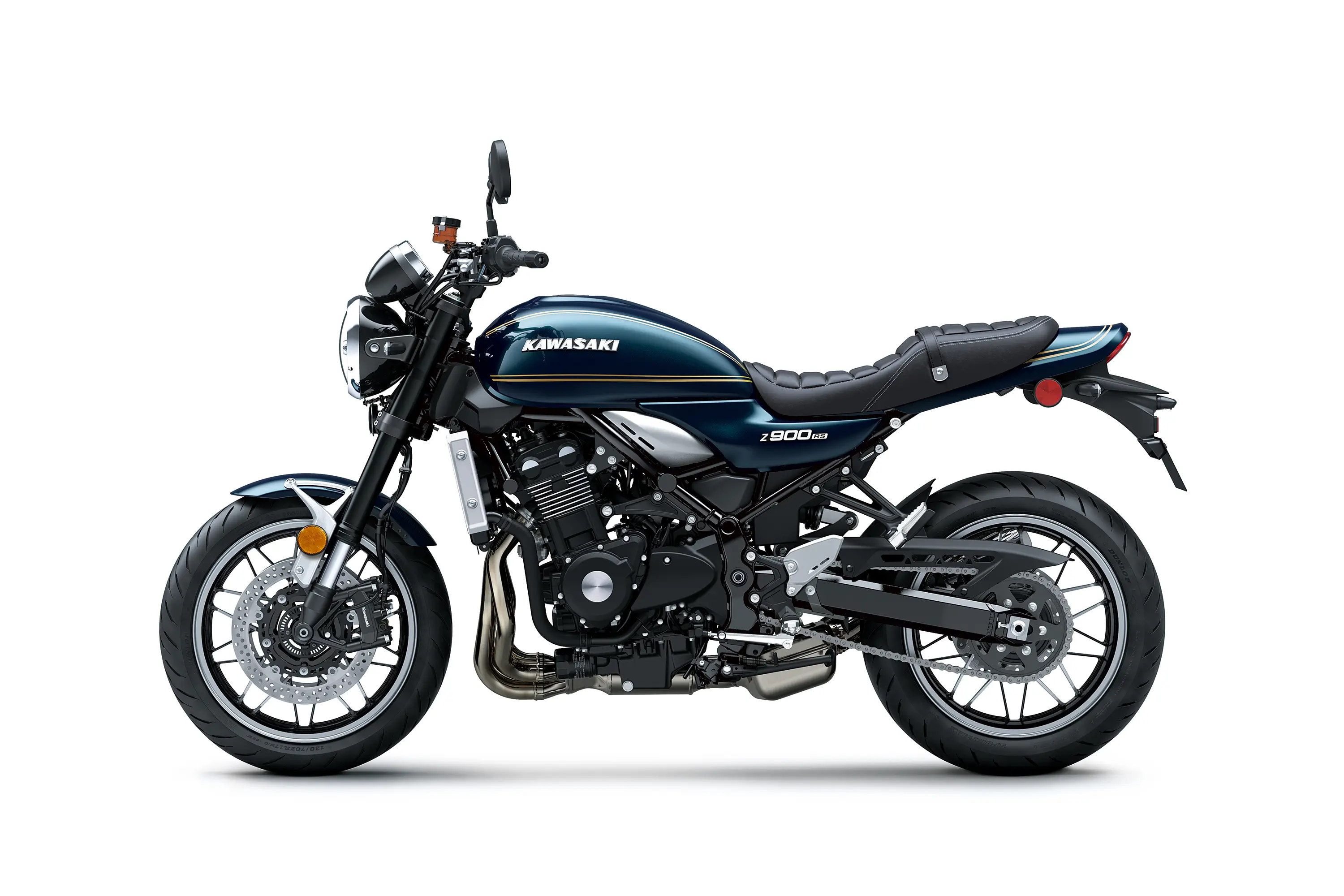 Profile angle of a motorcycle staged in a white studio background.
