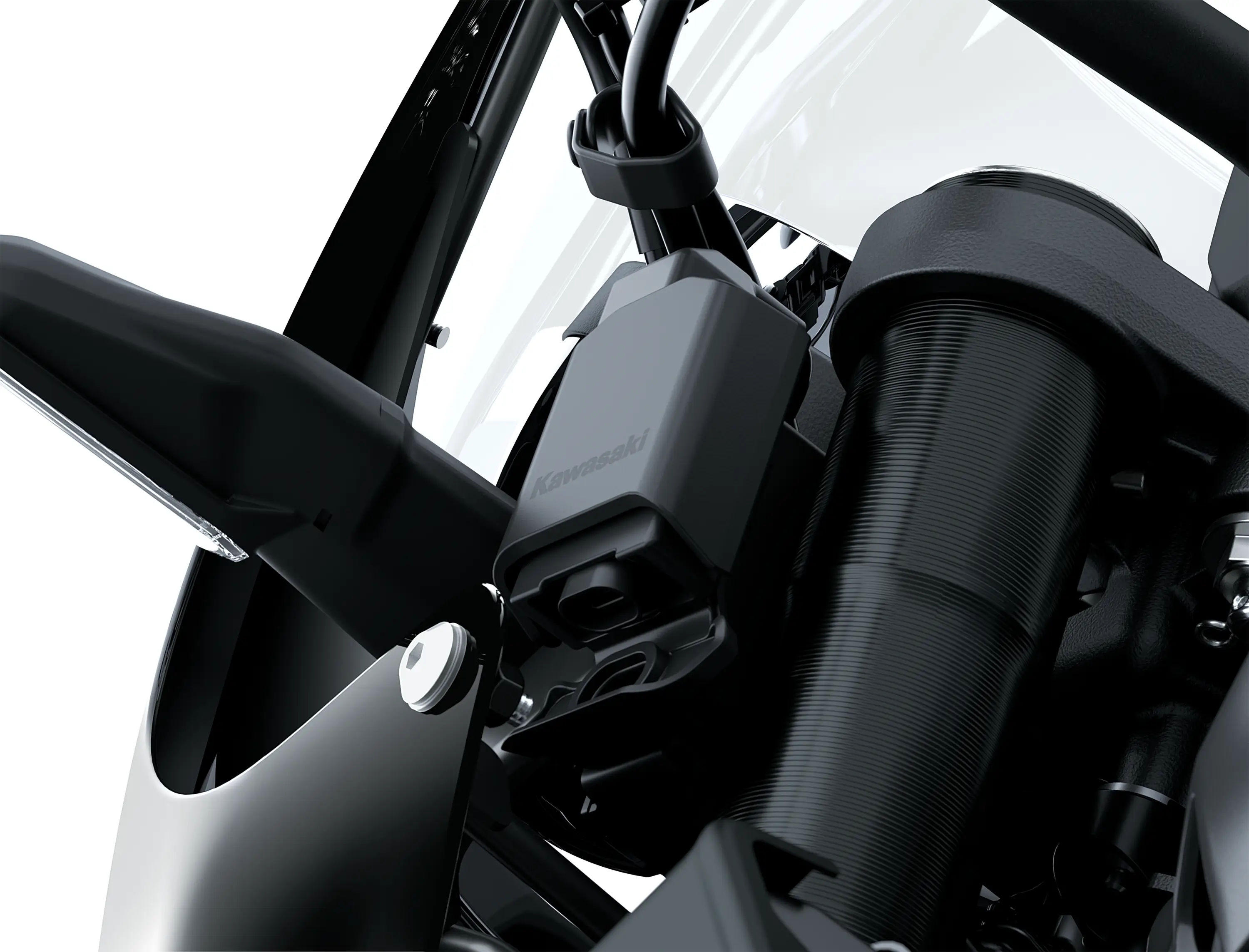 Close-up of the smartphone connectivity module of a motorcycle staged in a white studio background.