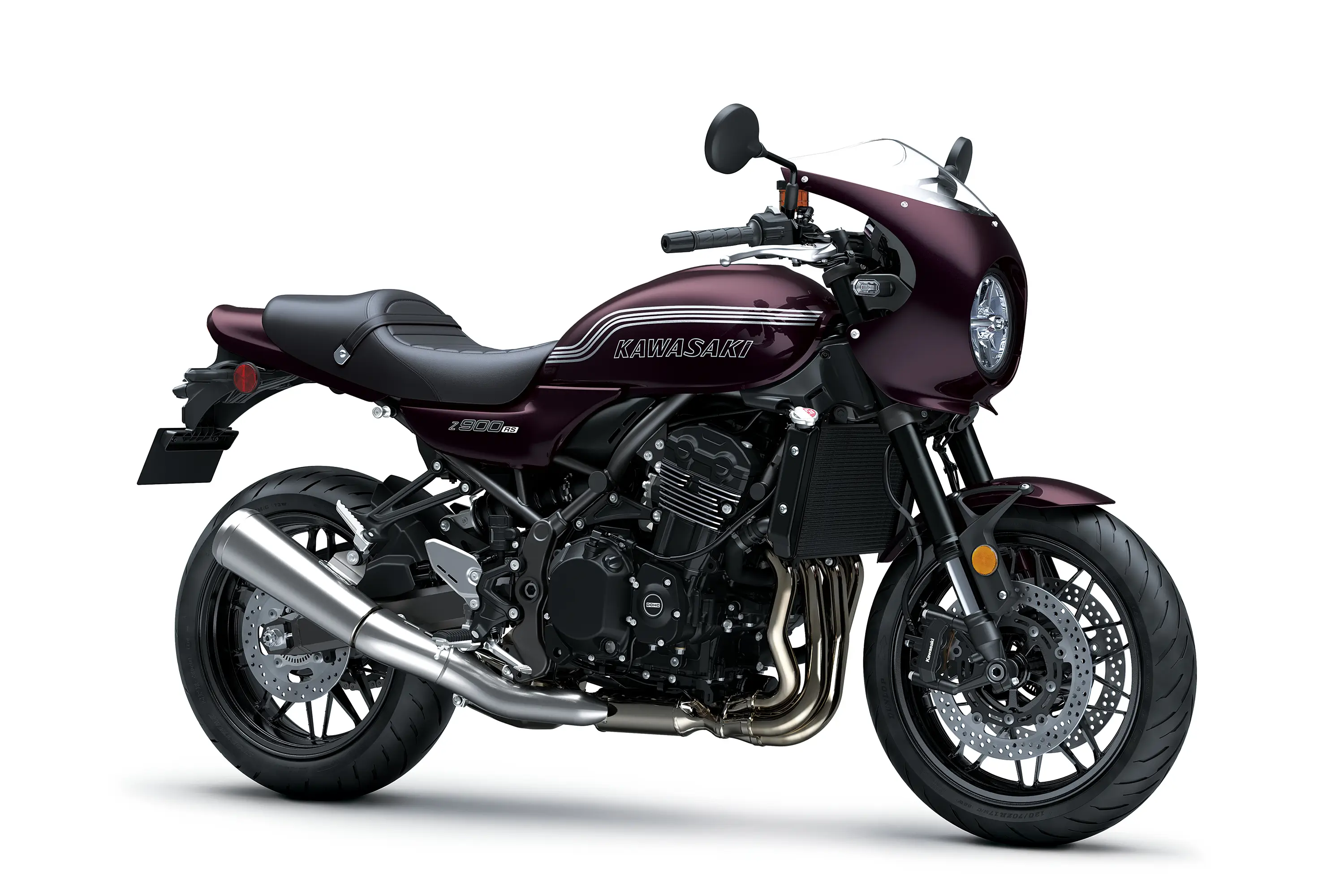Three-quarter front angle of a motorcycle staged in a white studio background.