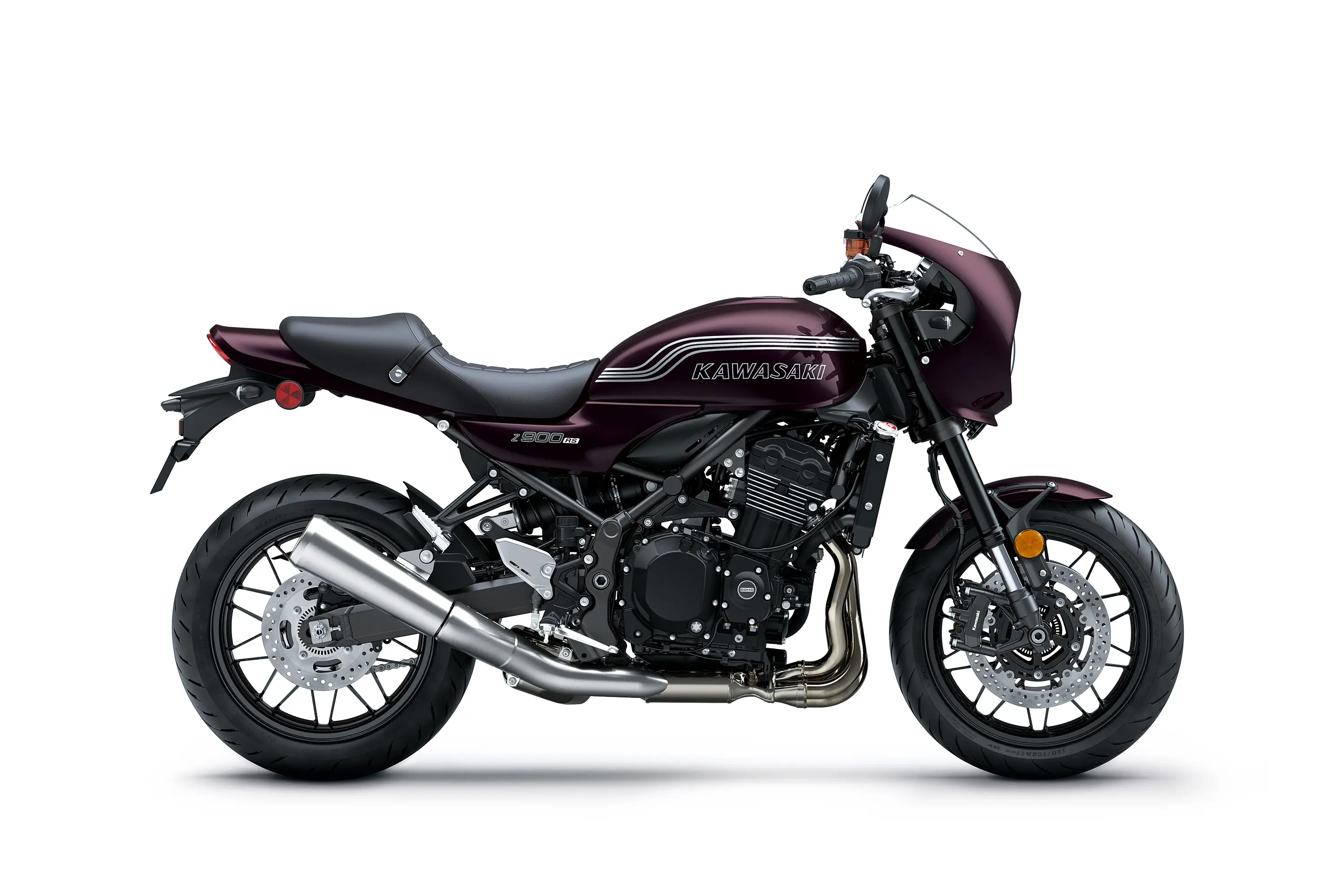Side angle of a motorcycle staged in a white studio background.