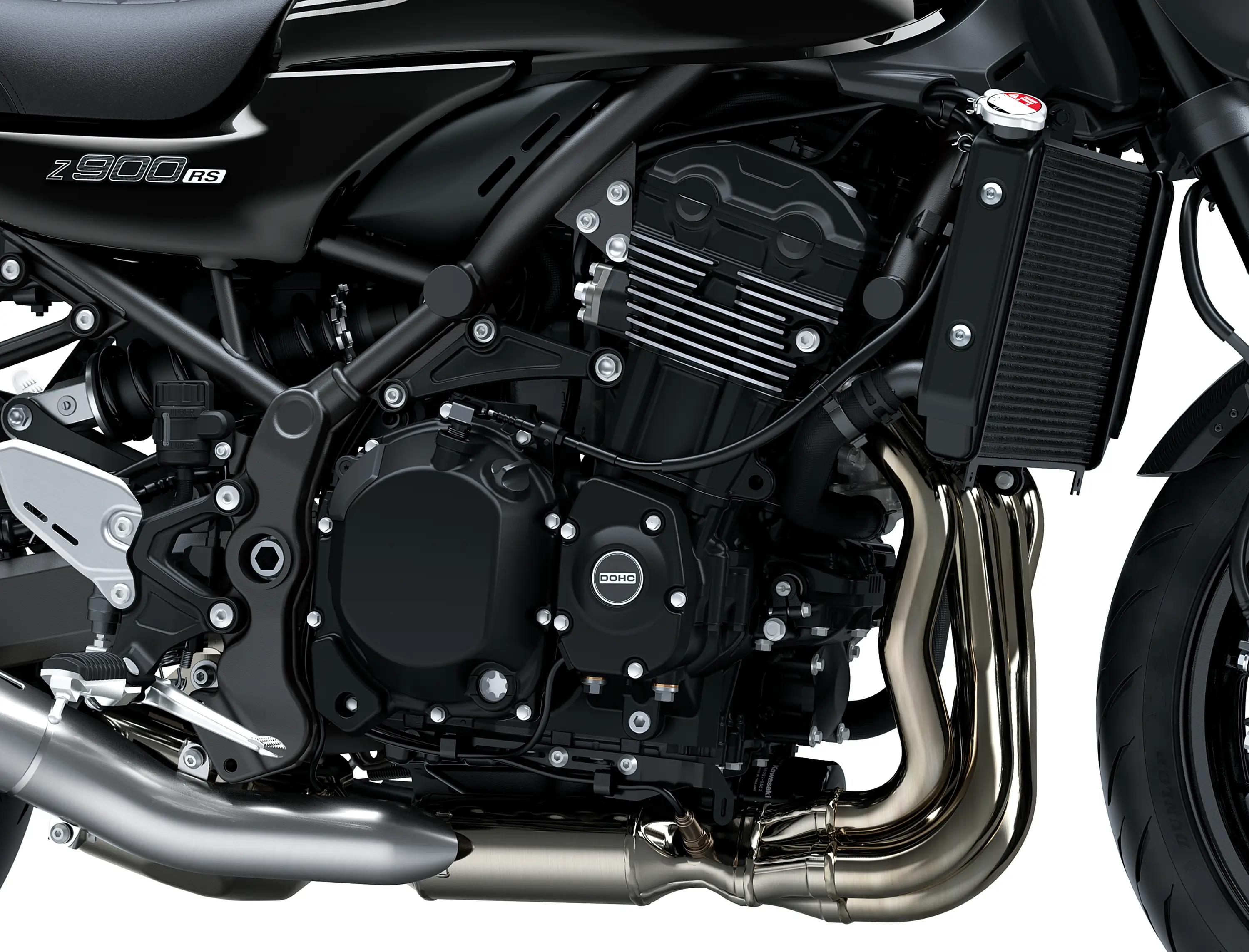 Close-up of the right-side of the engine bay of a motorcycle staged in a white studio background.